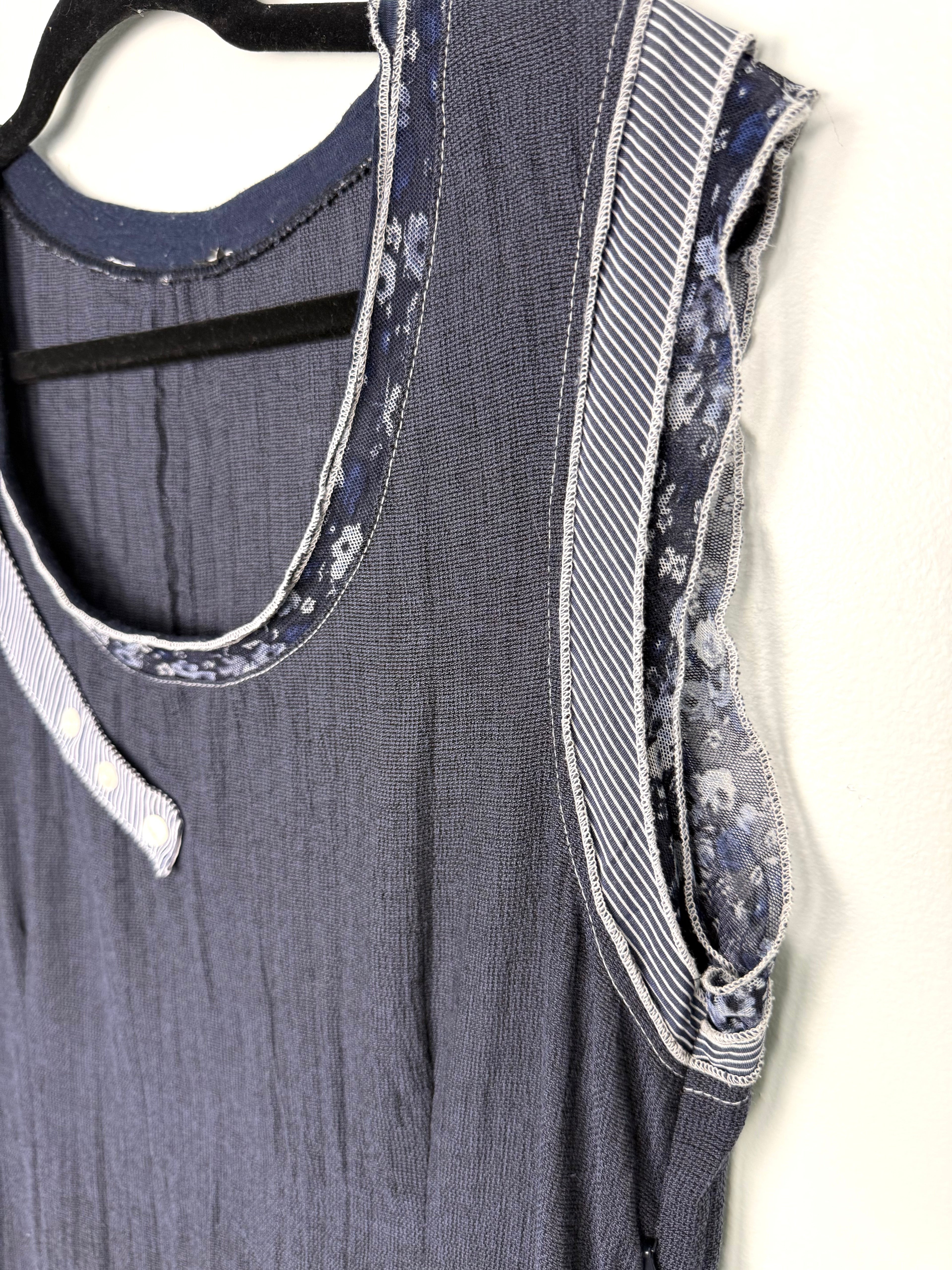 sleeve of Mixed Fabric Patchwork Navy Artisan Dress | Size L at Blue Sparrow Shop