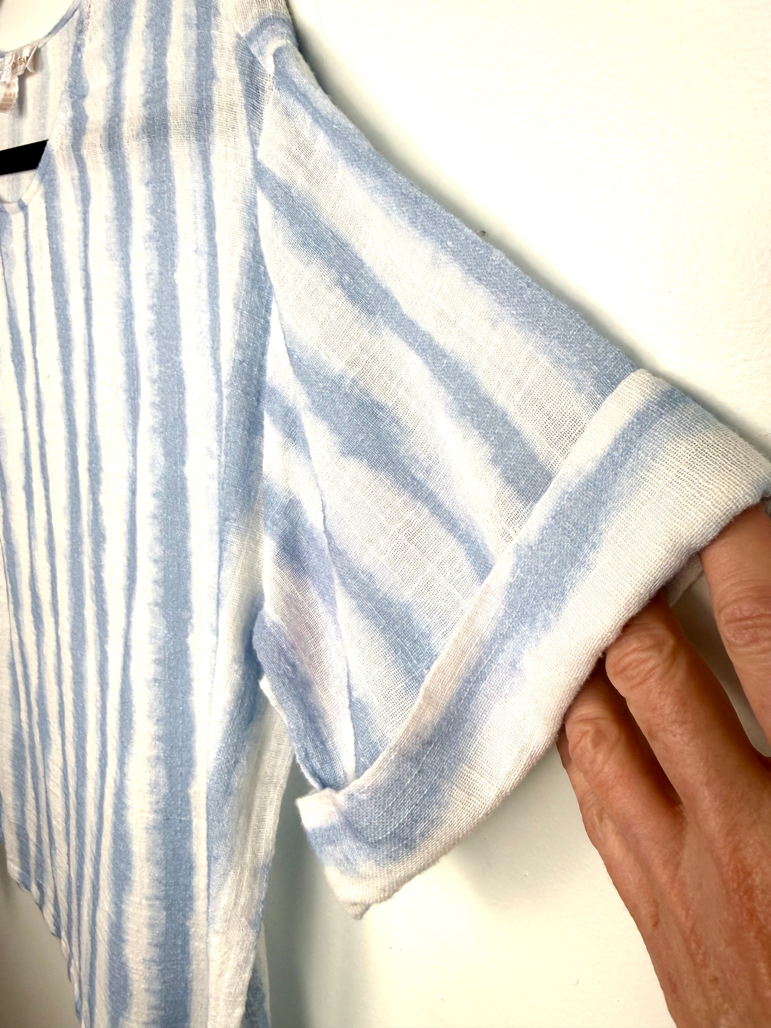 sleeve on 100% Cotton Watercolour Stripe Boxy Scoop Neck Top — Soft Blue & White | GG Jeans | Size XL at Blue Sparrow Shop