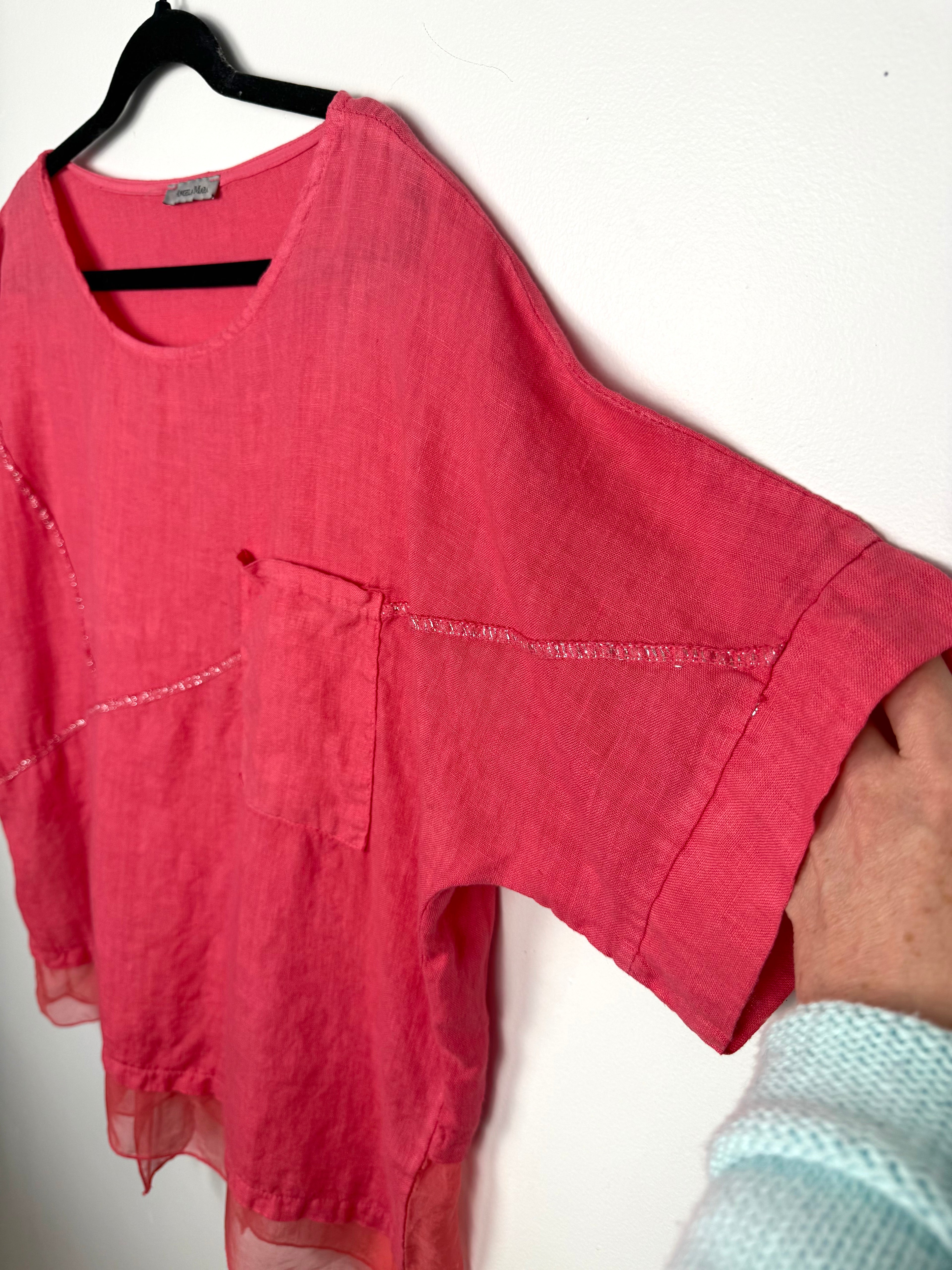 sleeve detail on 100% Linen Angela Mara  Made in Italy Linen Top | Size M at Blue Sparrow Shop 