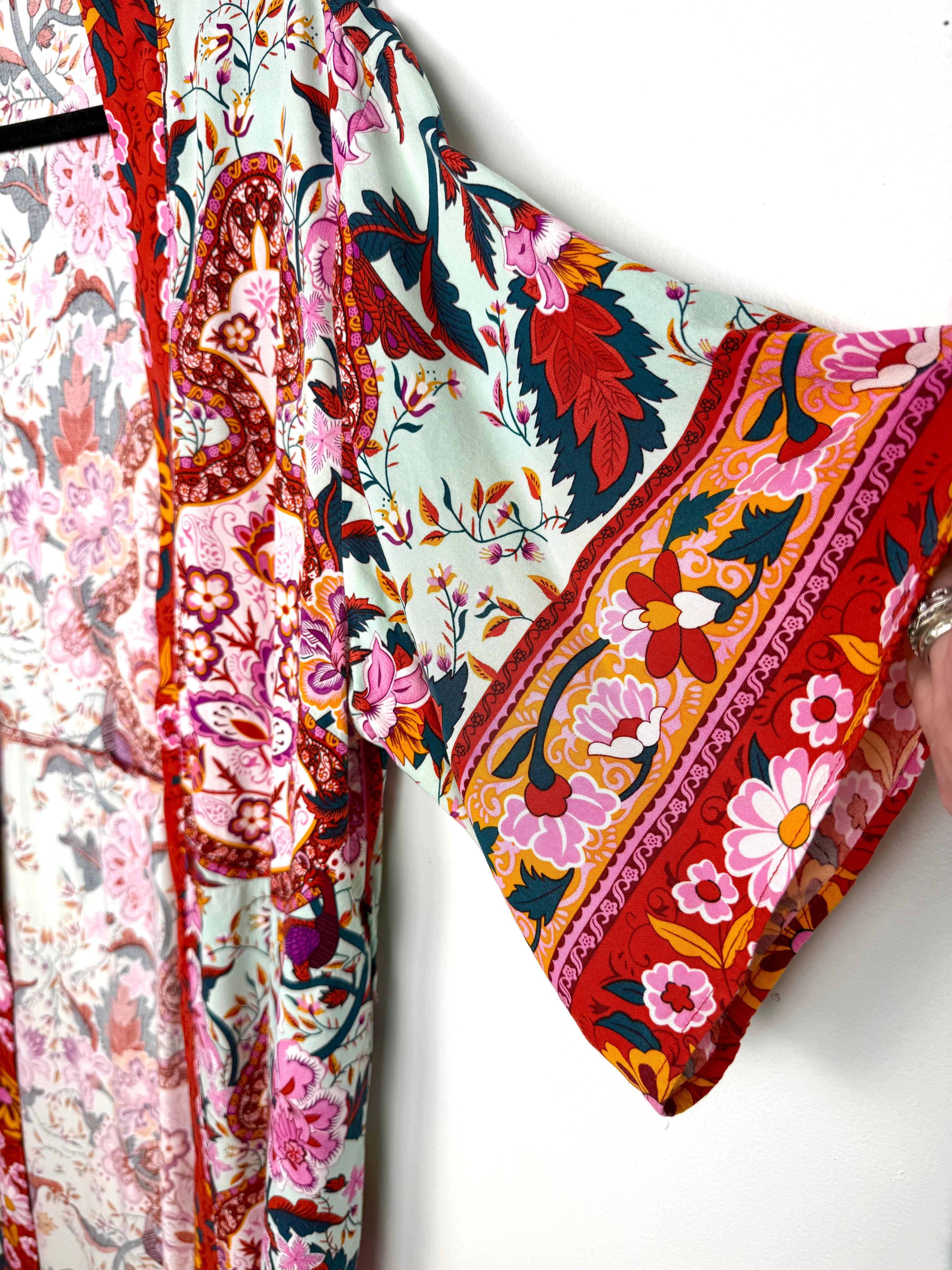 sleeve on Cleo Botanical Print Long Kimono | One Size at Blue Sparrow Shop