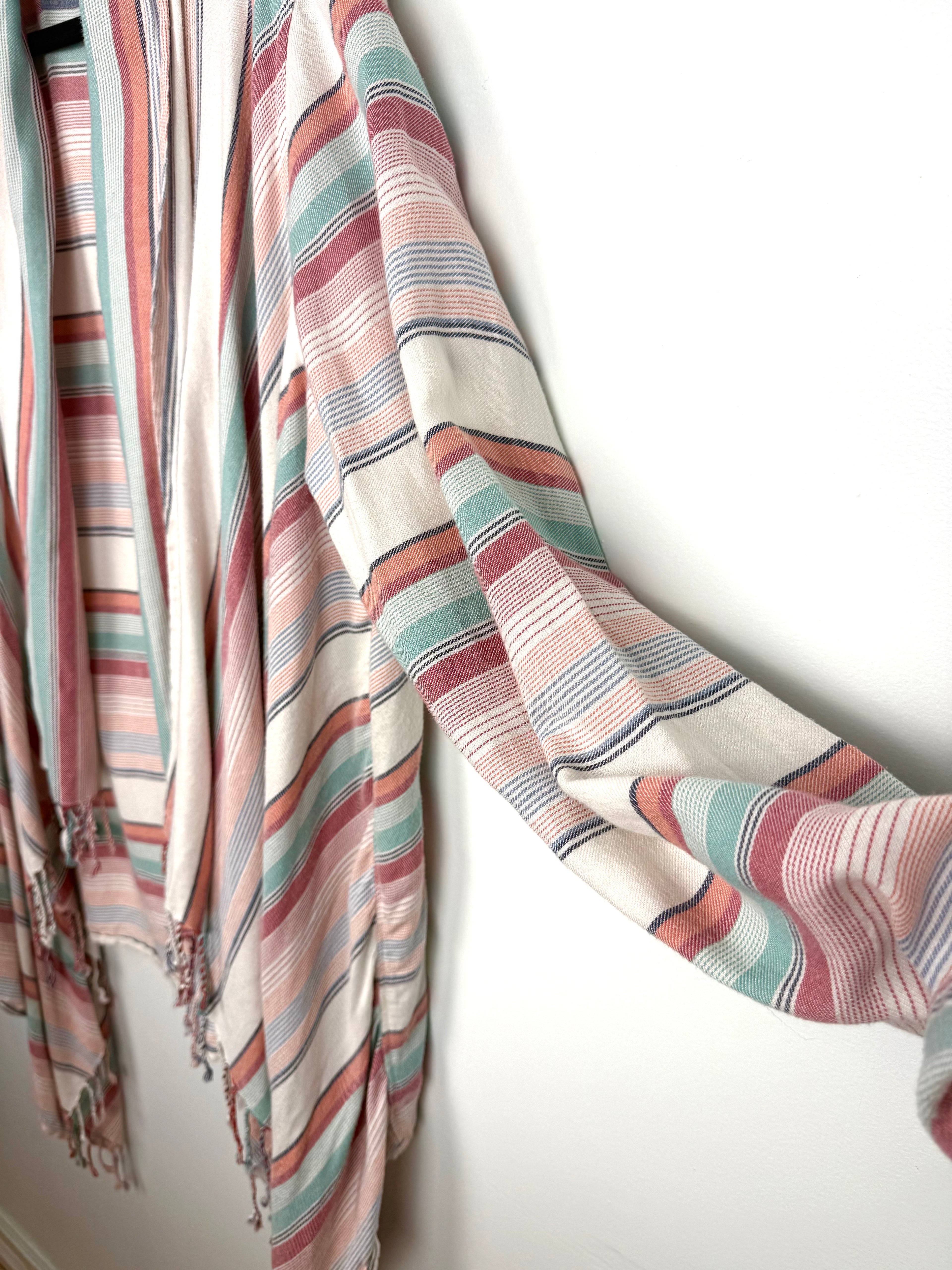 sleeve on Cotton Blend Striped Fringe Waterfall Cardigan — Dusty Rose, Sage & Cream | Natural Reflections | Size 1X at Blue Sparrow Shop