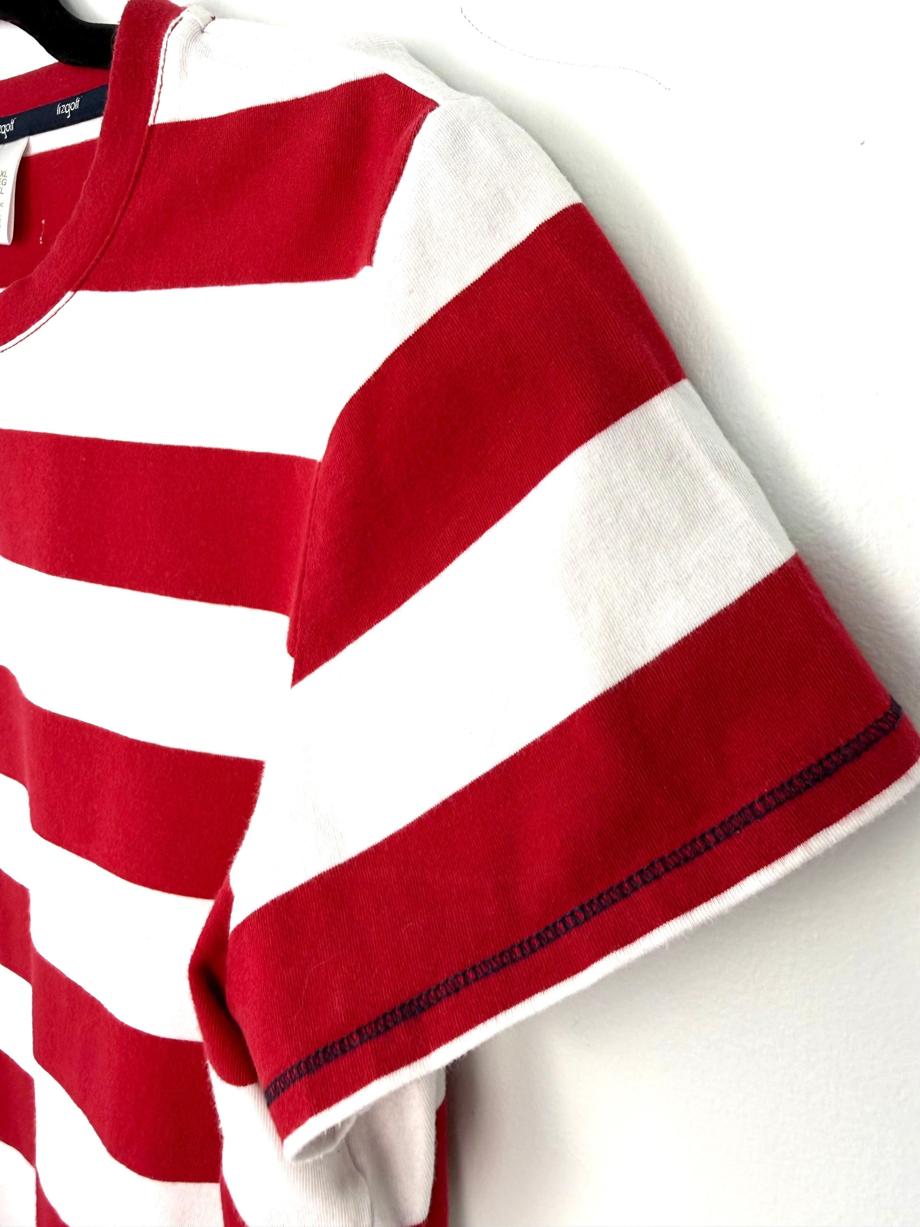 sleeve on Liz Golf 95% Cotton Bold Stripe Crew Neck Tee — Red and White | Athletic Casual | Size XL at Blue Sparrow Shop
