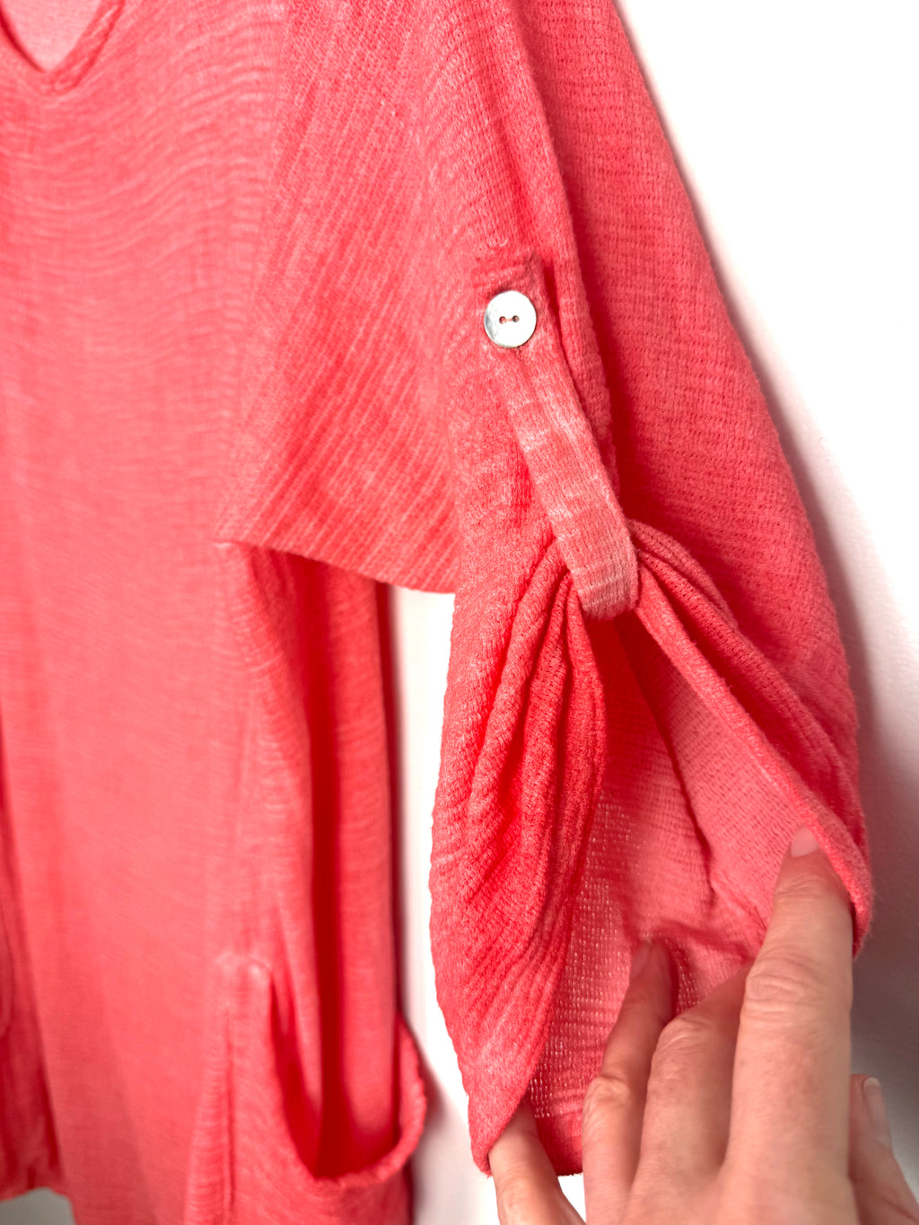 sleeve on Made in Italy Linen Cotton Washed Coral Tunic Dress — Roll-Tab Sleeves, Patch Pockets | One Size Large at Blue Sparrow Shop Resale Reimagined 