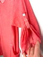sleeve on Made in Italy Linen Cotton Washed Coral Tunic Dress — Roll-Tab Sleeves, Patch Pockets | One Size Large at Blue Sparrow Shop Resale Reimagined 