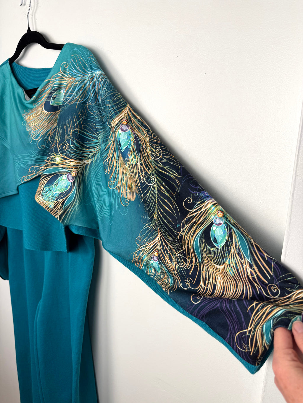 sleeve on Teal Peacock Print 2-Piece Knit Set — Wide-Leg Pants + Draped Top, Size XL at Blue Sparrow Shop