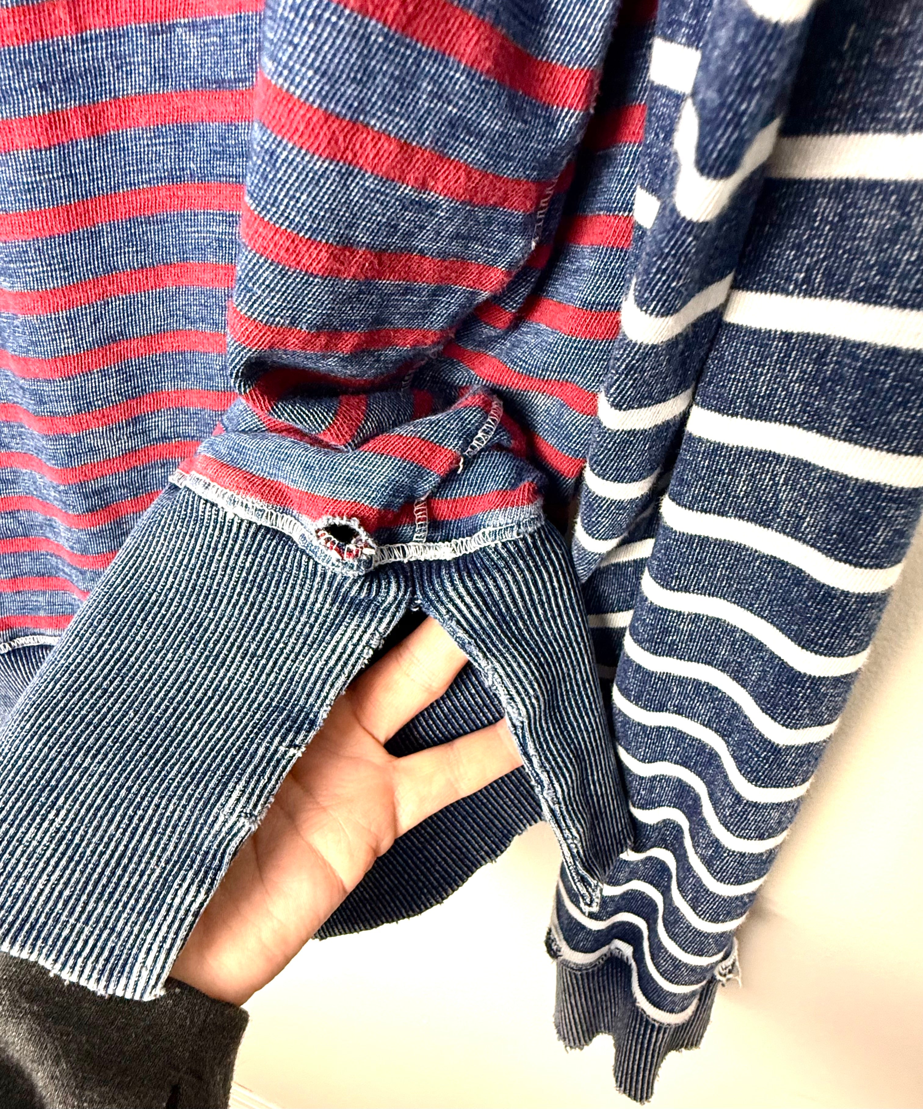 slit at hem of Michael Stars Intentionally Distressed Cotton Sweatshirt