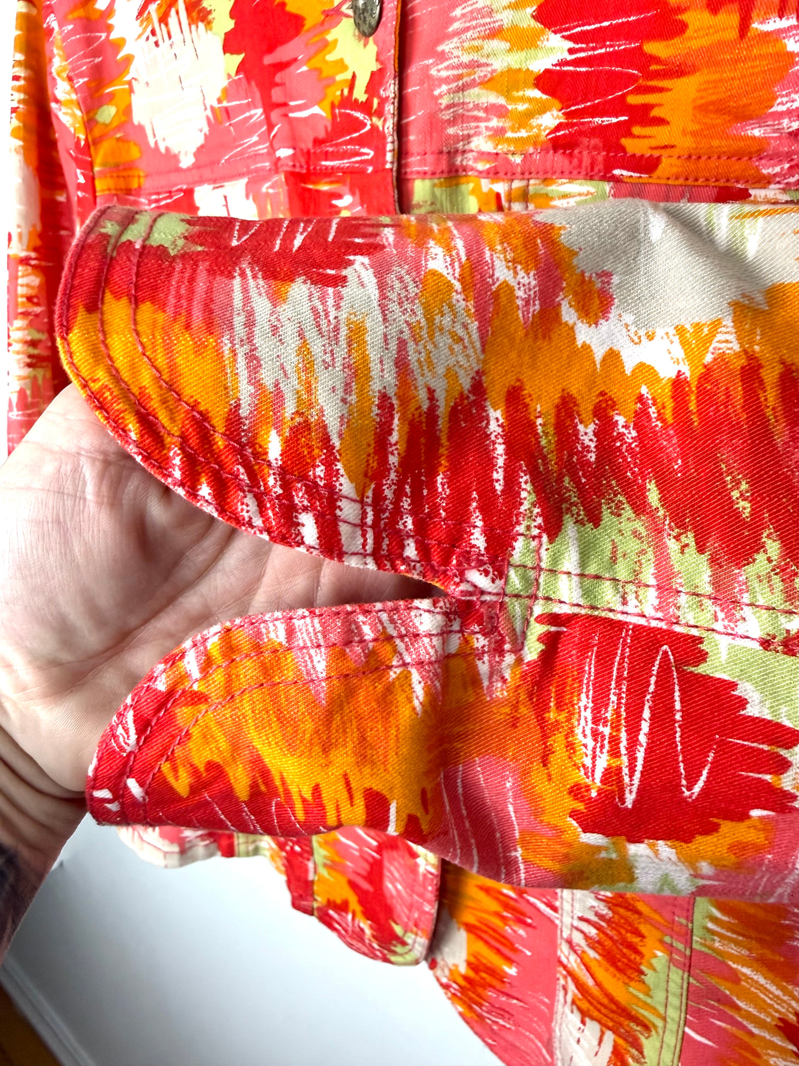 slit in cuff on Ruby Red Multi Coloured denim style jacket 
