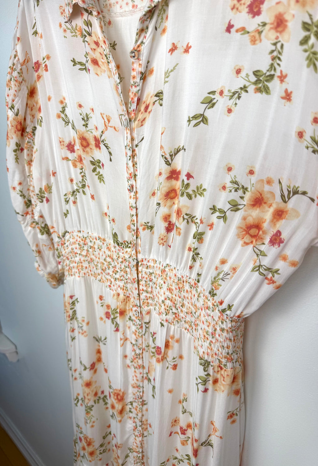 smocked waist detail on Dex Smocked Waist Romantic Midi Dress | Size L at Blue Sparrow Shop