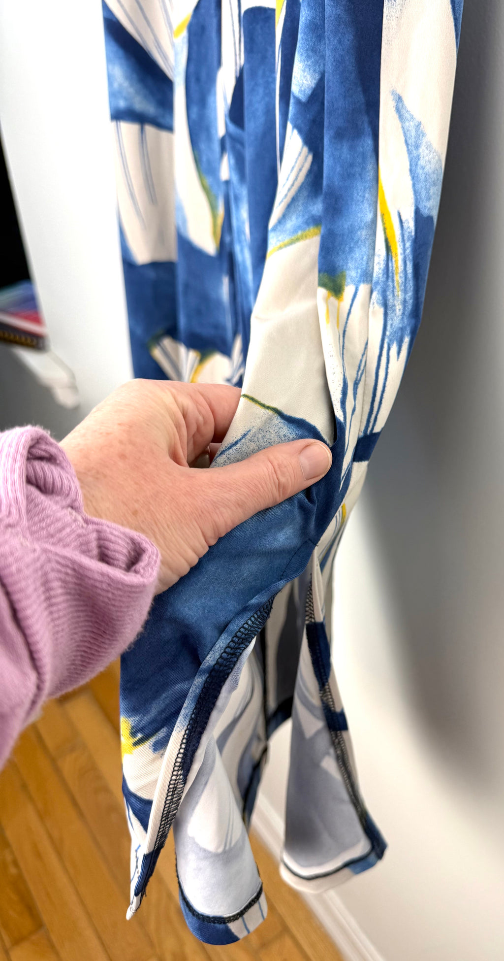 split cuff detail at hem of Sympli Patterned Palazzo Wide Leg Pants 