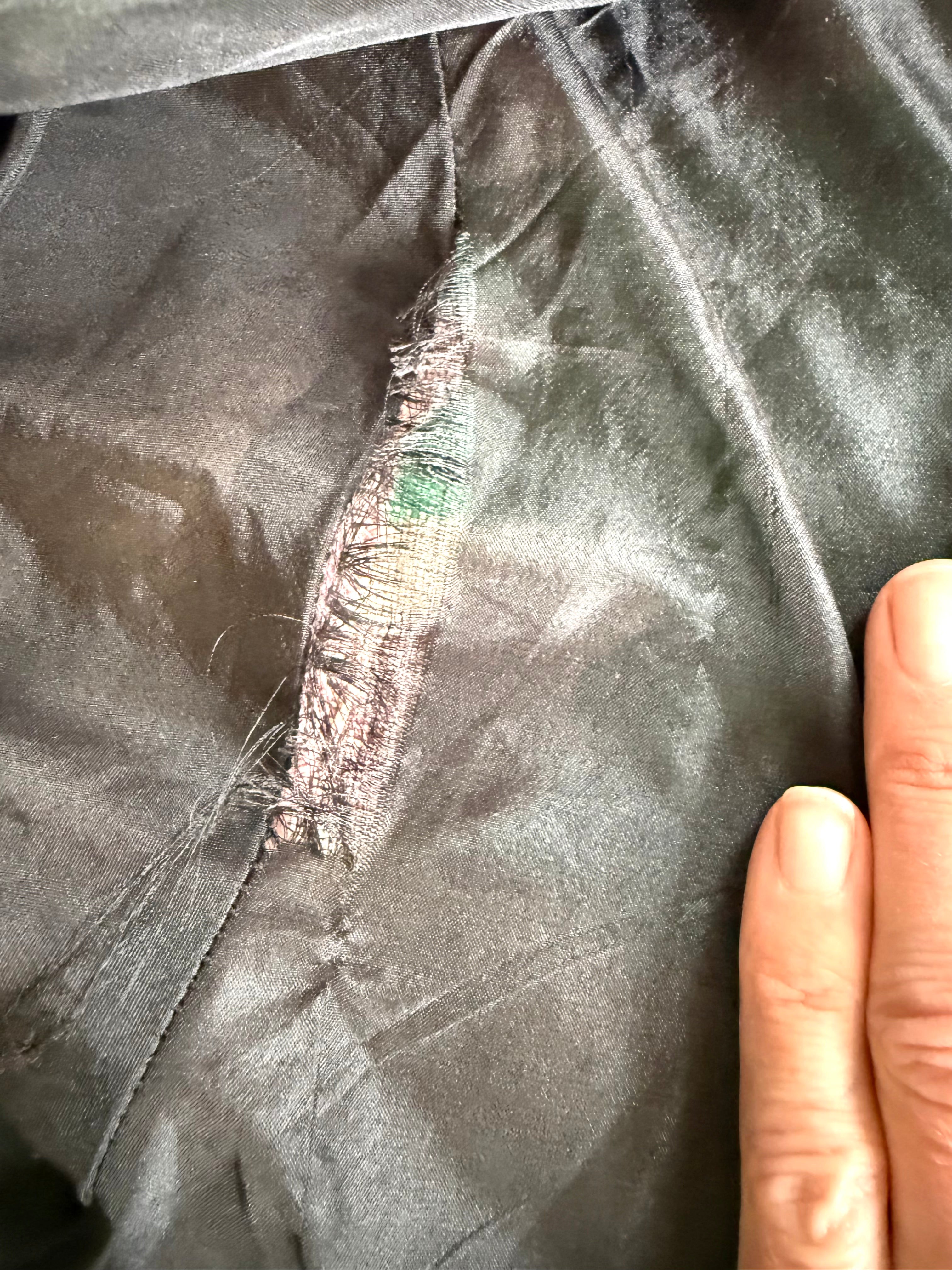 tear inside seam on Emma Chun Shroff Hand Painted Silk Jacket | Wearable Art Blazer at Blue Sparrow Shop