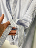 tie up sleeve on 100% cotton simple striped batwing button front shirt with tie at waist at Blue Sparrow Shop resale Canada