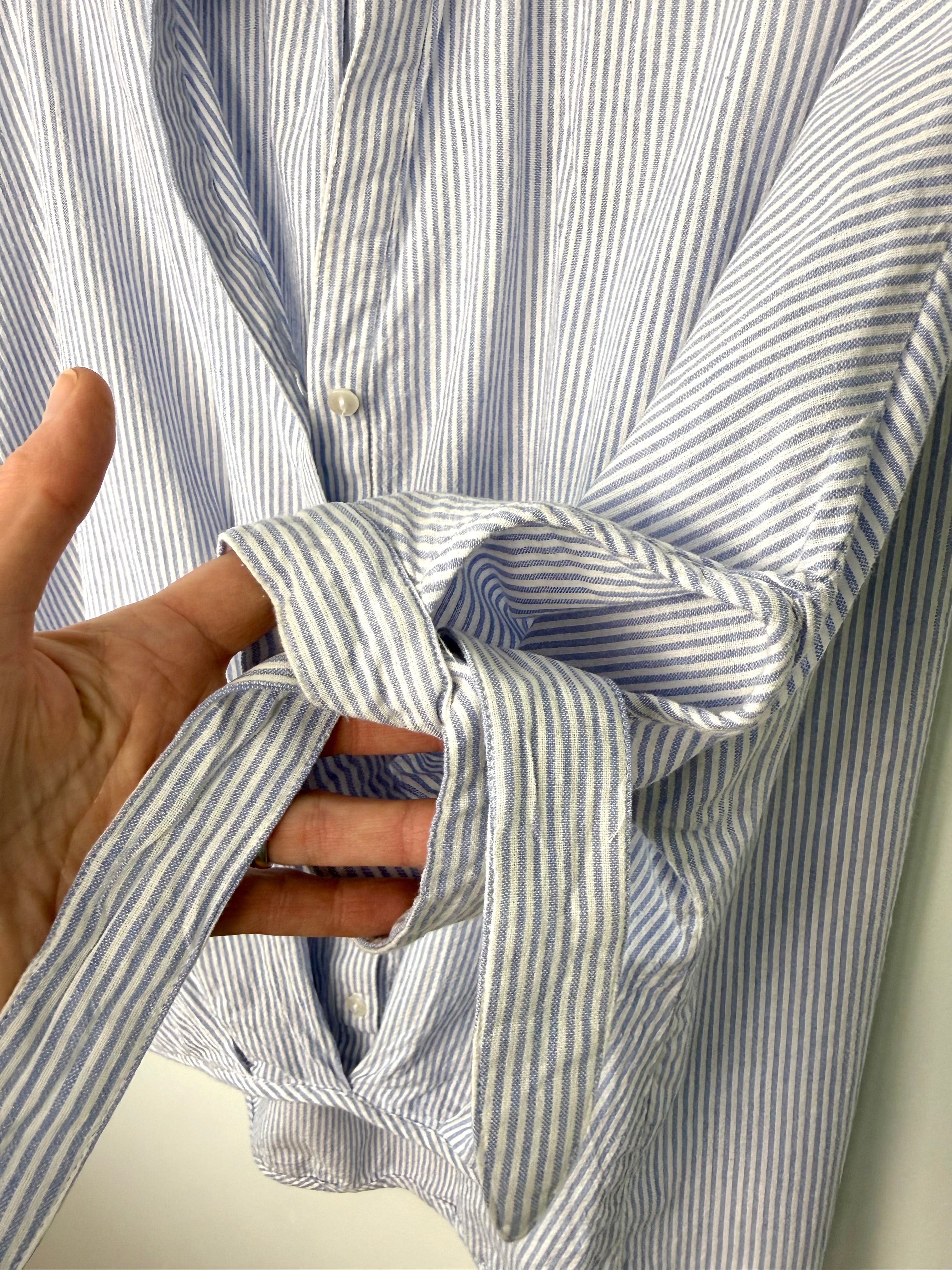 tie up sleeve on 100% cotton simple striped batwing button front shirt with tie at waist at Blue Sparrow Shop resale Canada