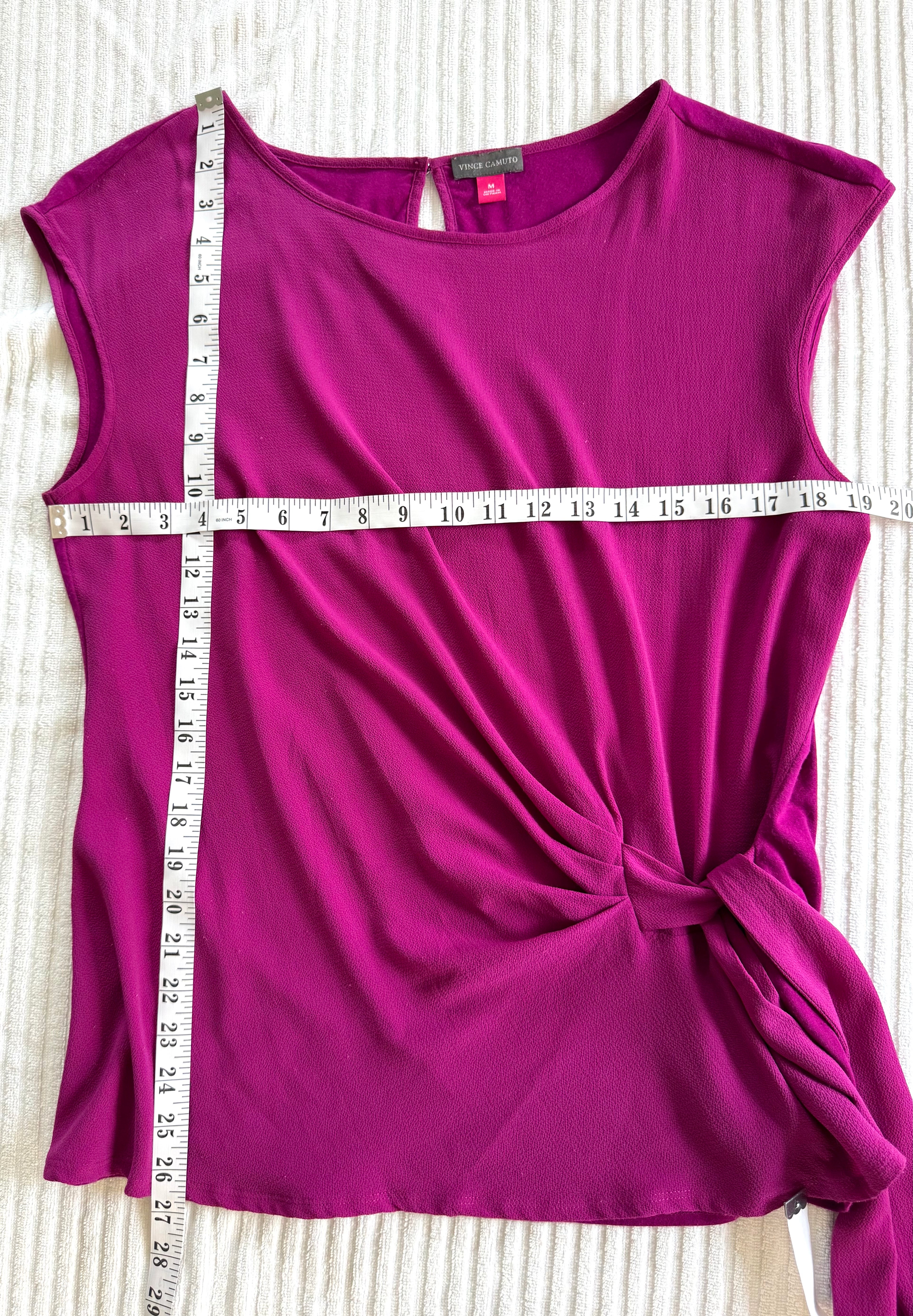 tie waist detail on Vince Camuto Magenta Draped Side Top | Size M  at Blue Sparrow Shop  measuring 38" bust and 27" shoulder to hem 