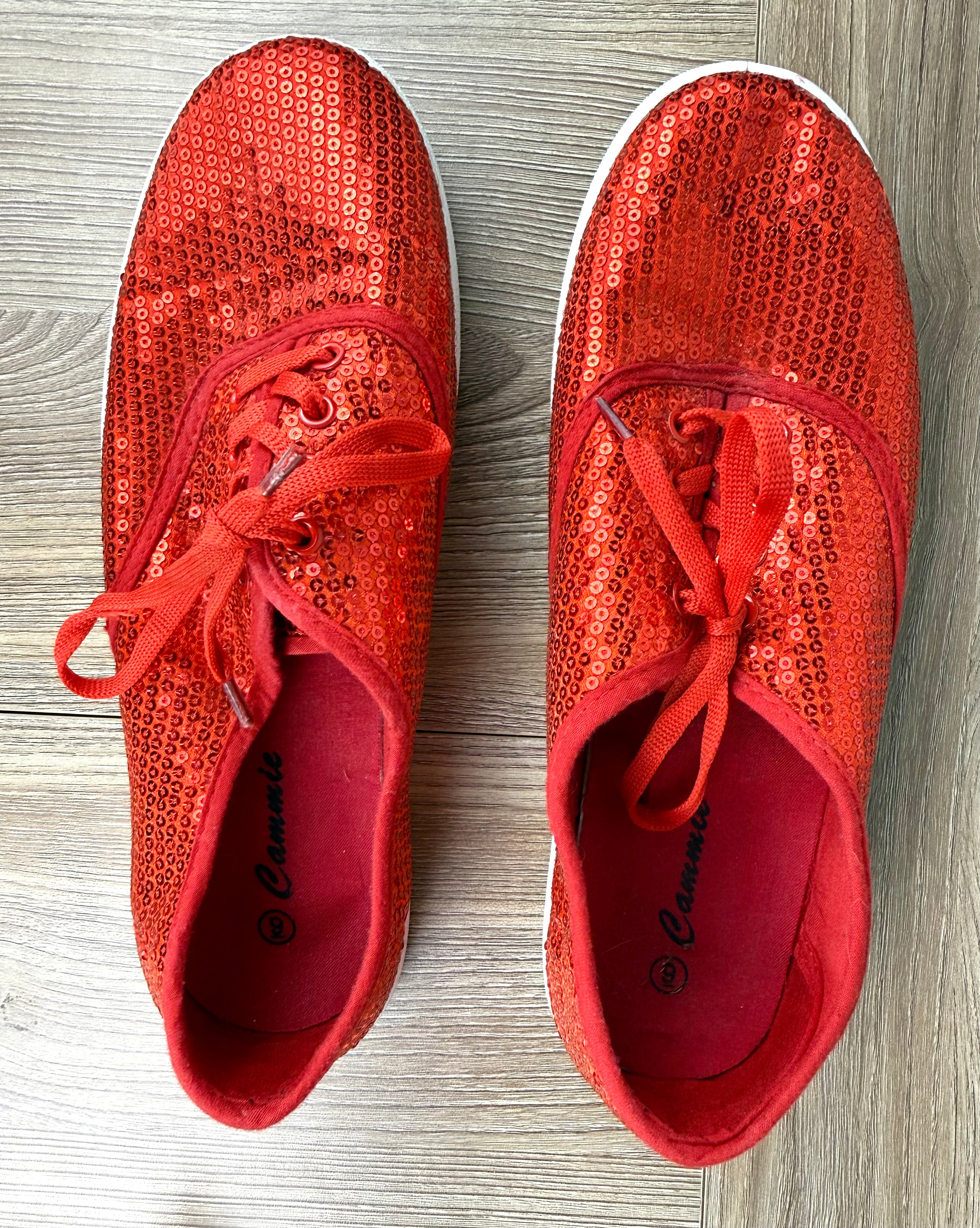 top of Red Sequin Lace-Up Sneakers