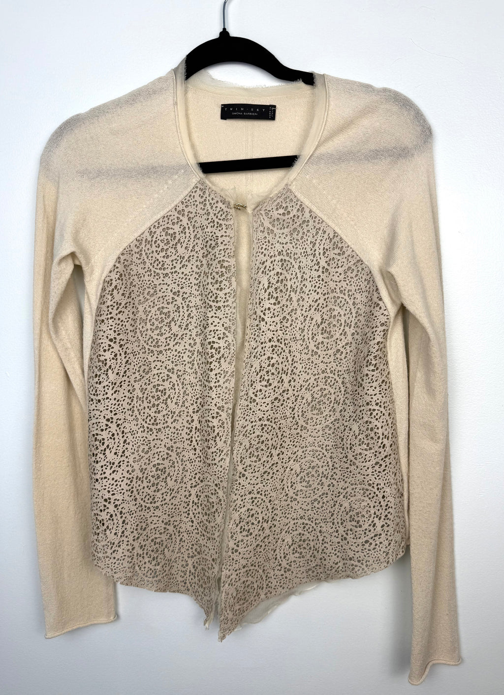 twin set simona barbieri beige cardigan with laser cut leather front panel on hanger