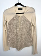 twin set simona barbieri beige cardigan with laser cut leather front panel on hanger