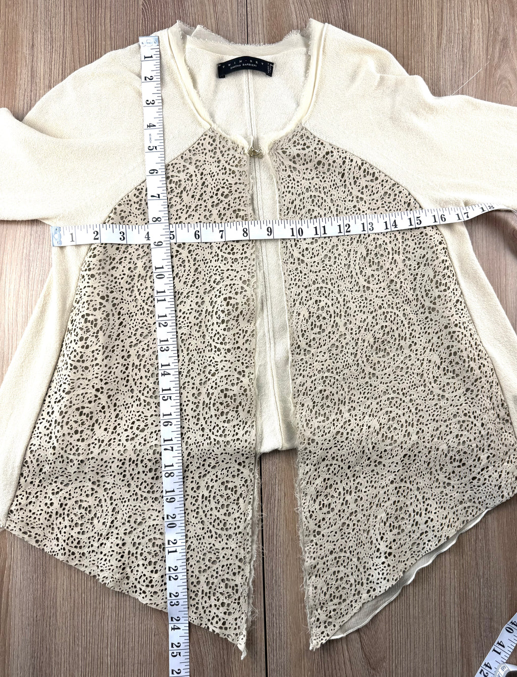 twin set simona barbieri beige cardigan with laser cut leather front panel measuring 34" bust and 24" shoulder to hem 
