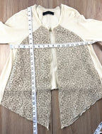 twin set simona barbieri beige cardigan with laser cut leather front panel measuring 34" bust and 24" shoulder to hem 