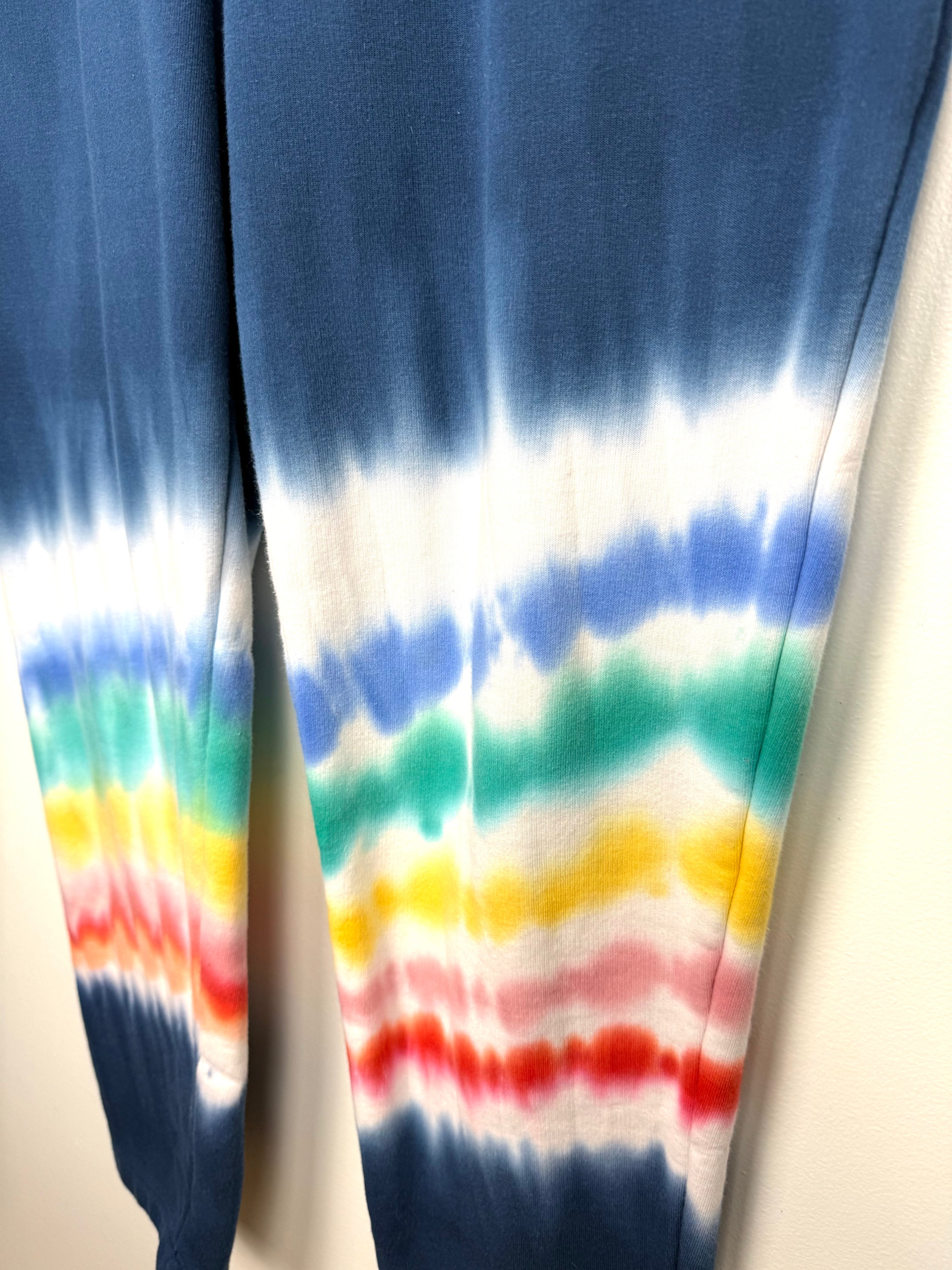 tye dye pattern on leg of Lands' End Serious Sweats — Navy Rainbow Tie-Dye Joggers, Size M  at Blue Sparrow Shop