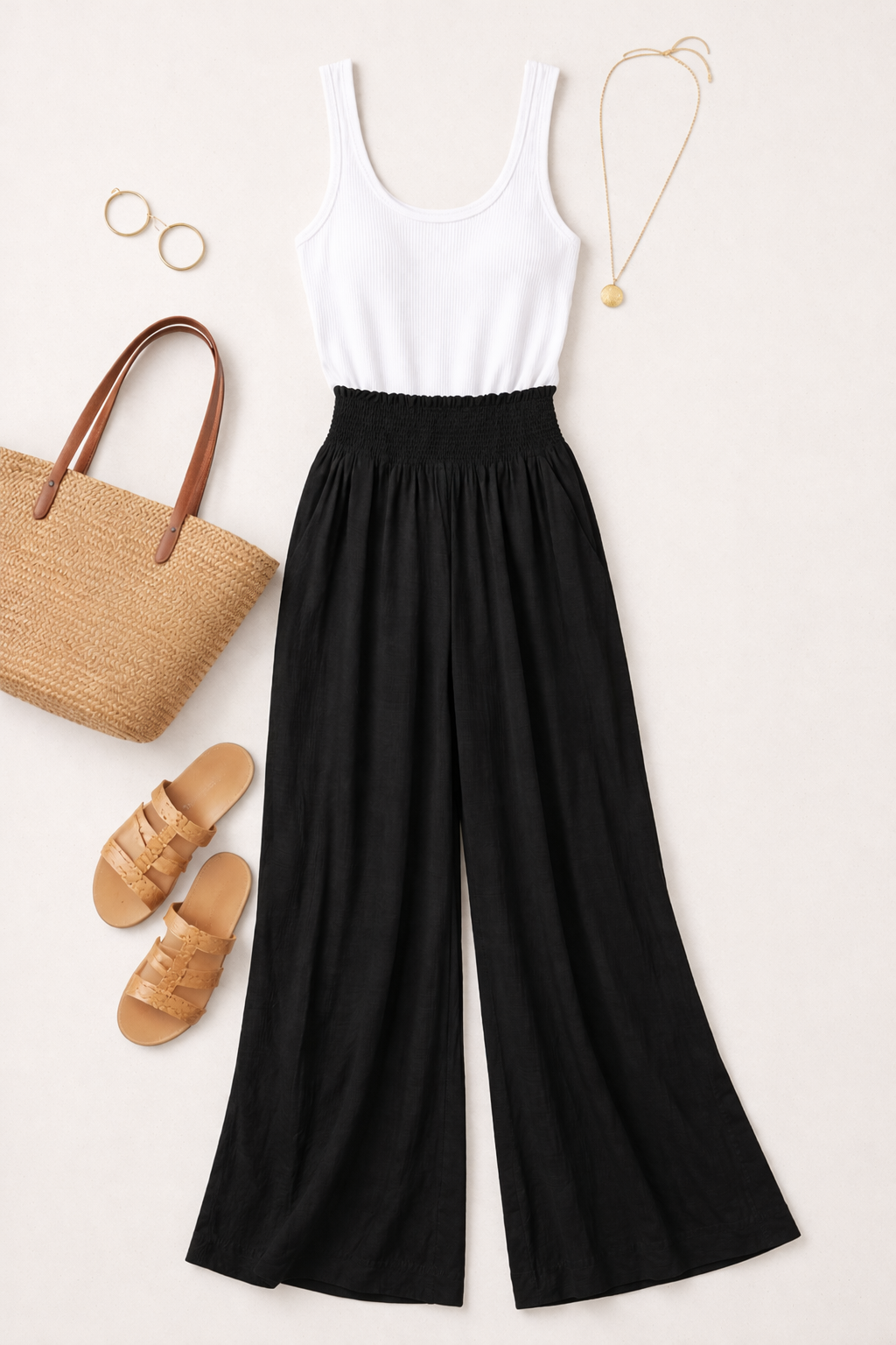 vera_wang_pants_in_flatlay_with_tank_shoes_bag