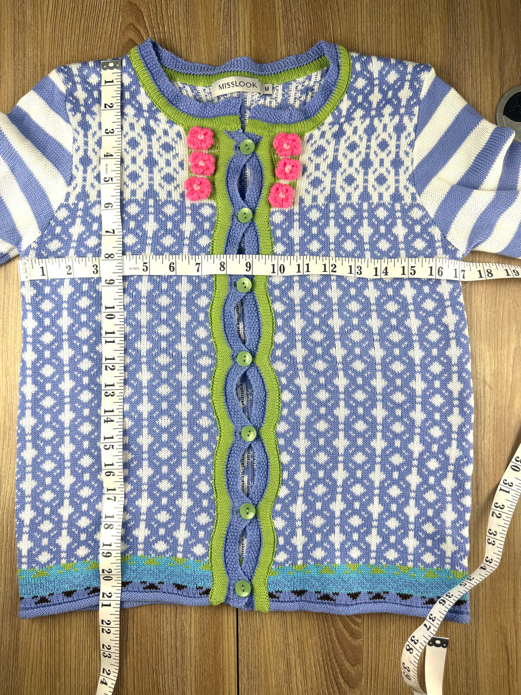 vintage looking Mislook Fair Isle Knit Cardigan  measuring 34" bust and 21" shoulder to hem 