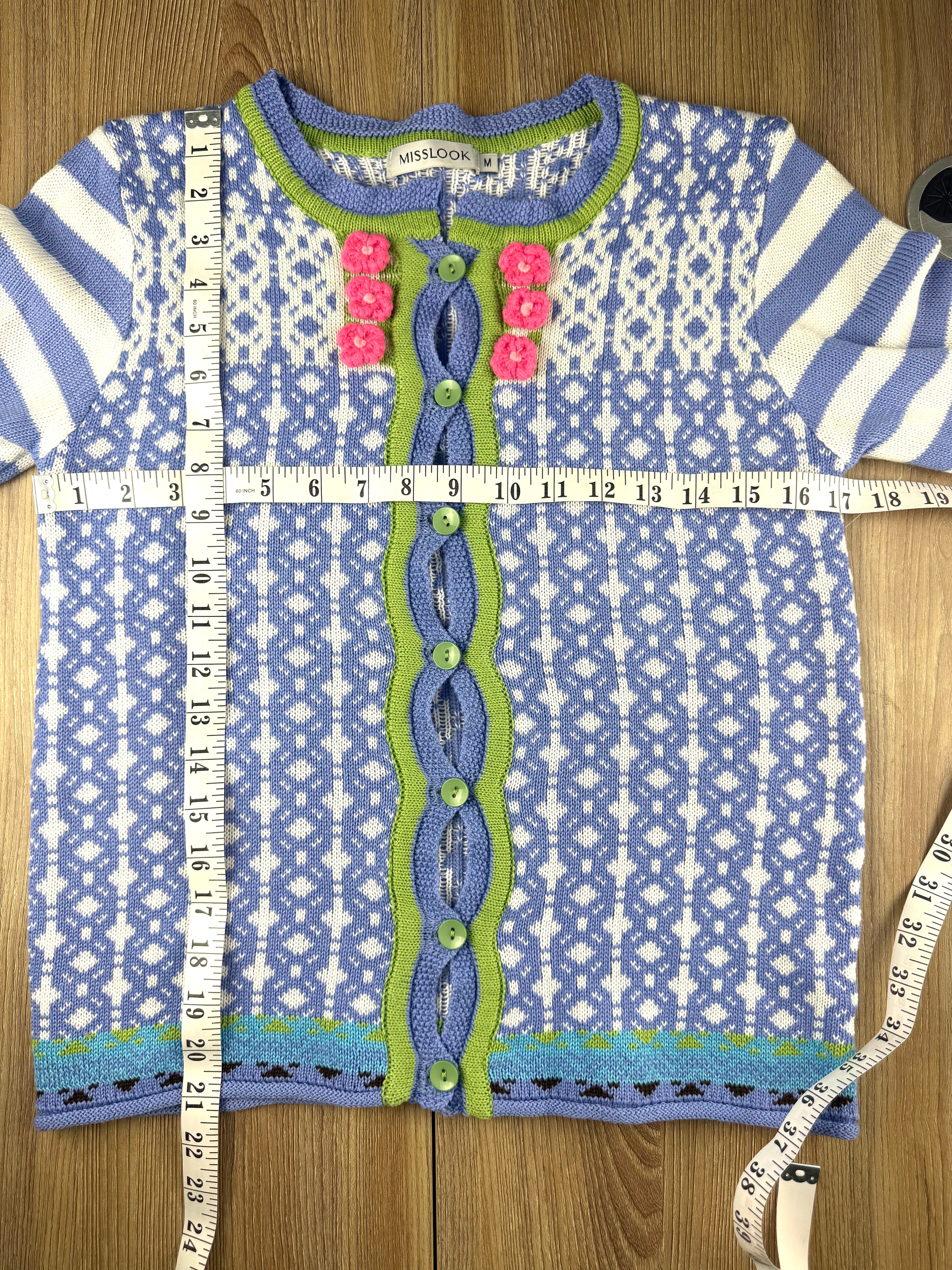 vintage looking Mislook Fair Isle Knit Cardigan  measuring 34" bust and 21" shoulder to hem 