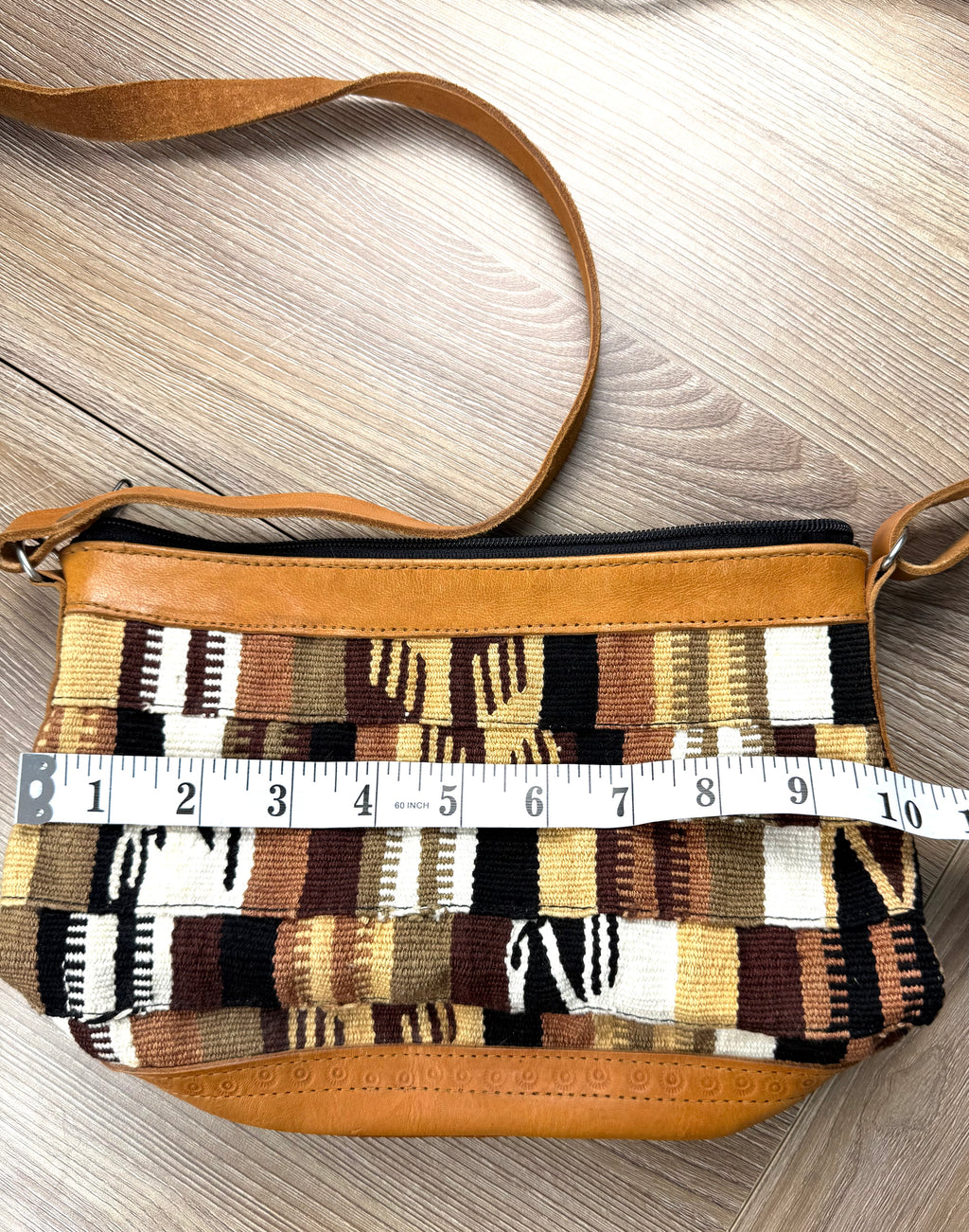 vintage patchwork woven boho crossbody bag measuring 10" wide 