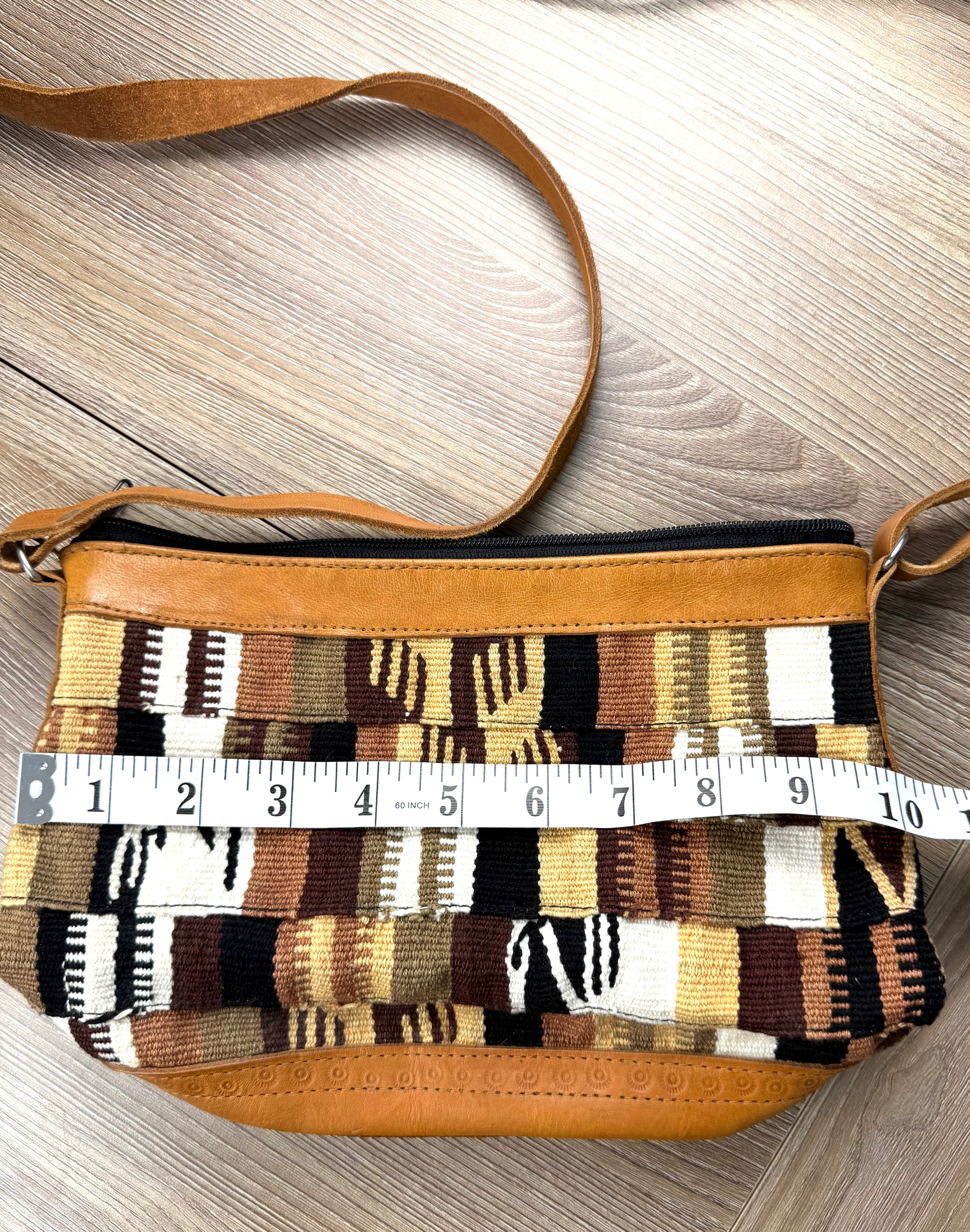 vintage patchwork woven boho crossbody bag measuring 10" wide 
