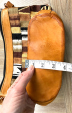 vintage patchwork woven boho crossbody bag measuring 4" bottom 