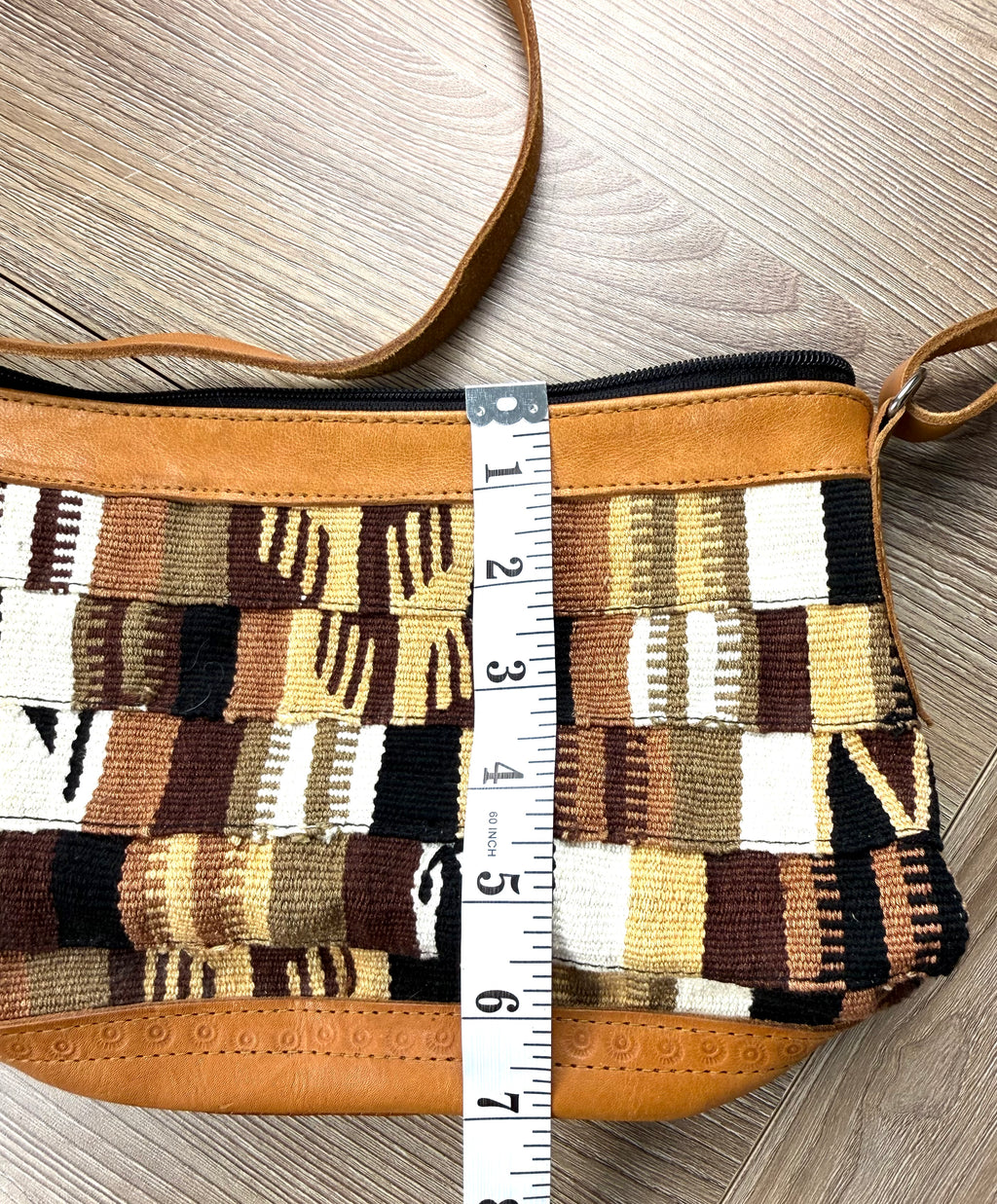 vintage patchwork woven boho crossbody bag measuring 7" deep
