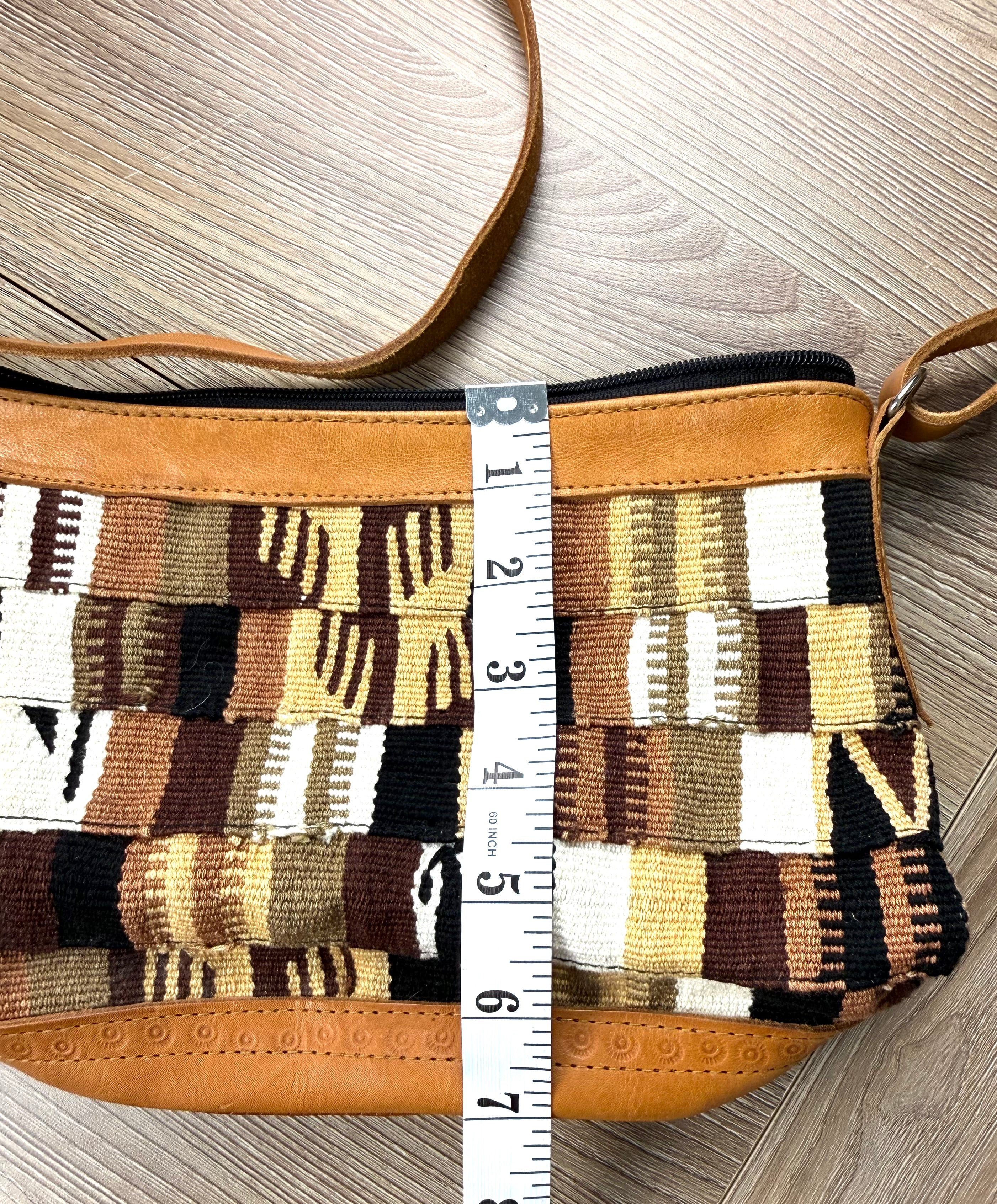 vintage patchwork woven boho crossbody bag measuring 7" deep