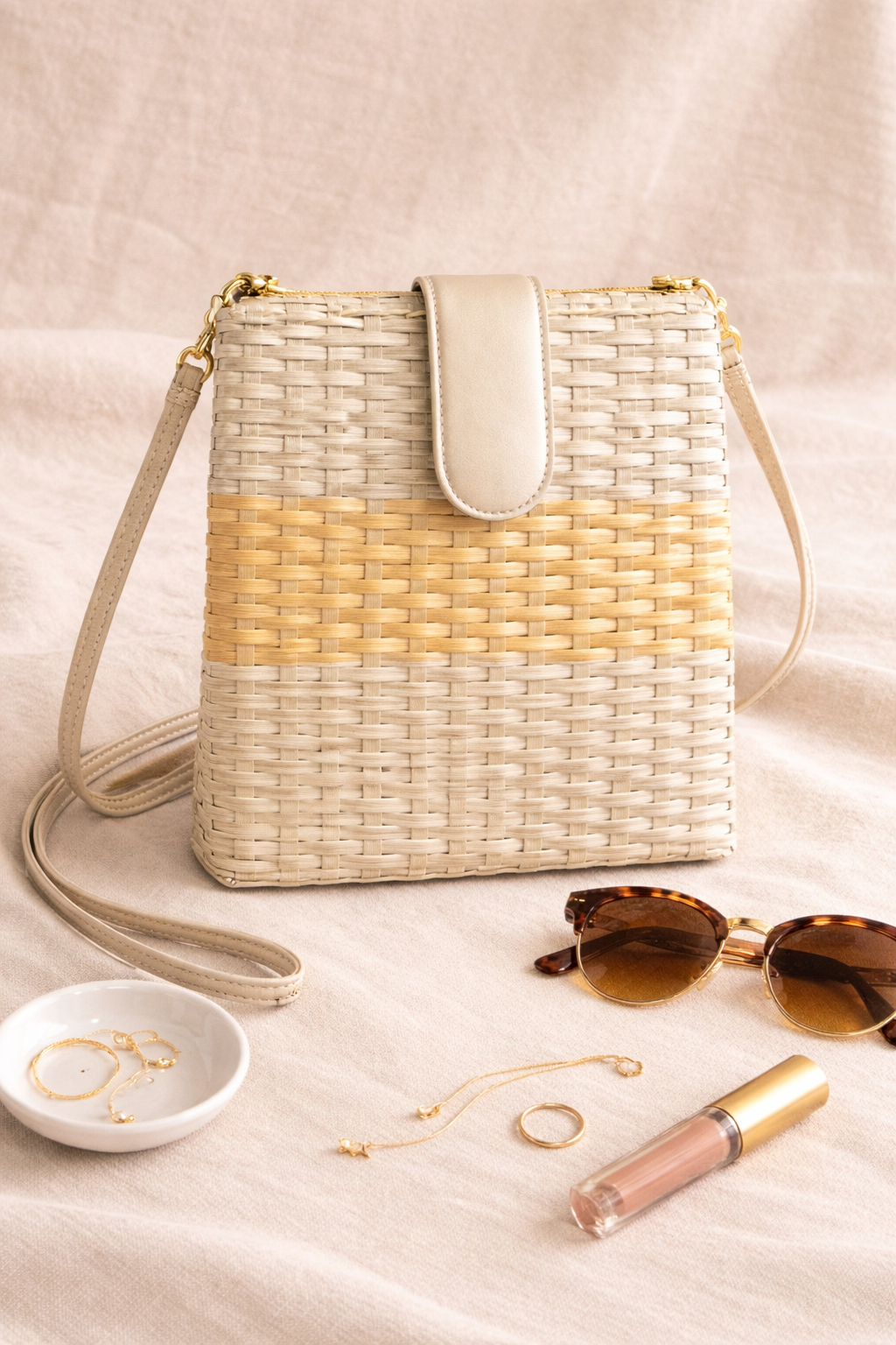 Vintage Woven Basket Crossbody Bag lifestyle photo at Blue Sparrow Shop