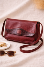 Vingage rowland leather burgundy bag lifestyle photo at Blue Sparrow Shop