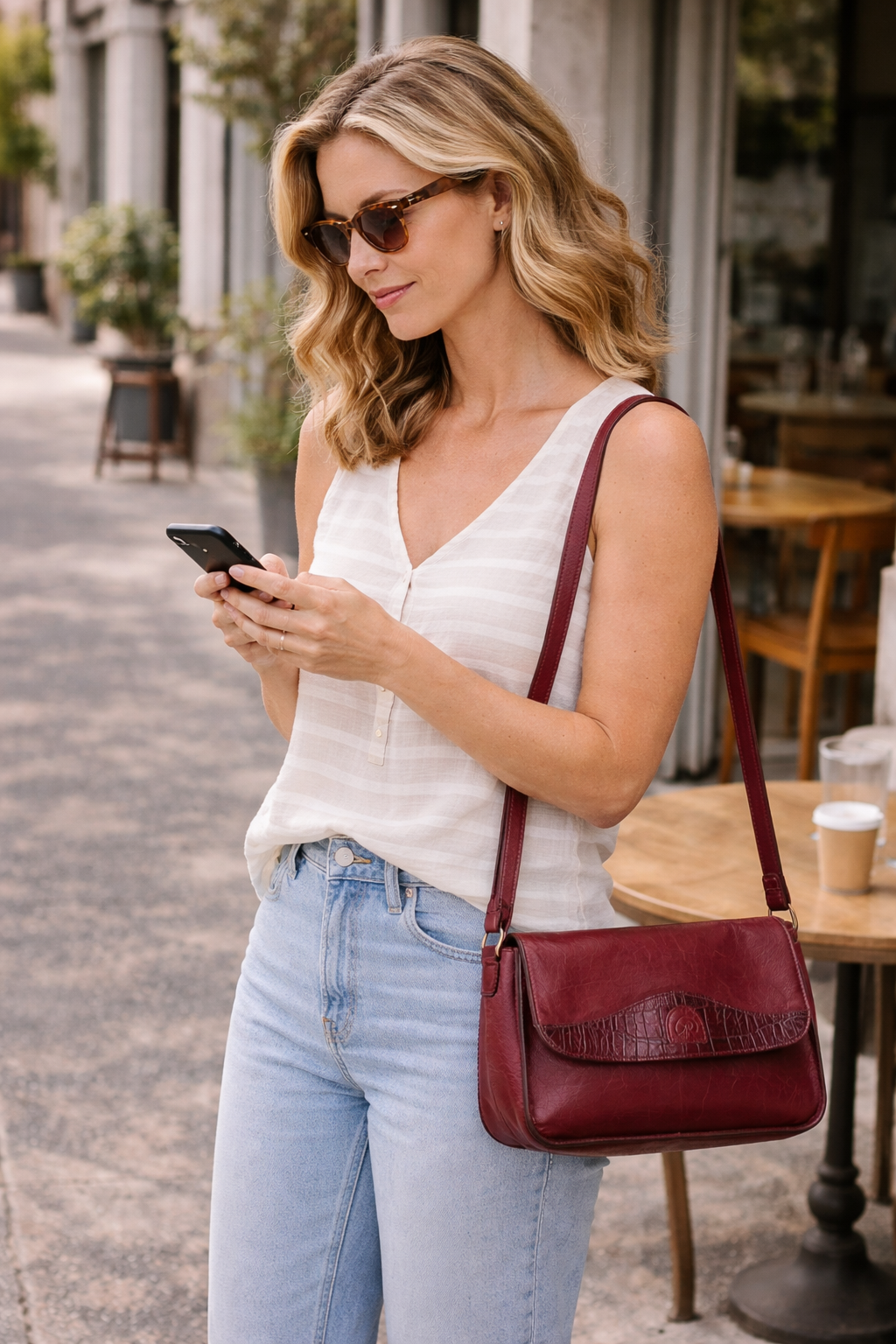 Woman carrying Vingage rowland leather burgundy bag  at Blue Sparrow Shop