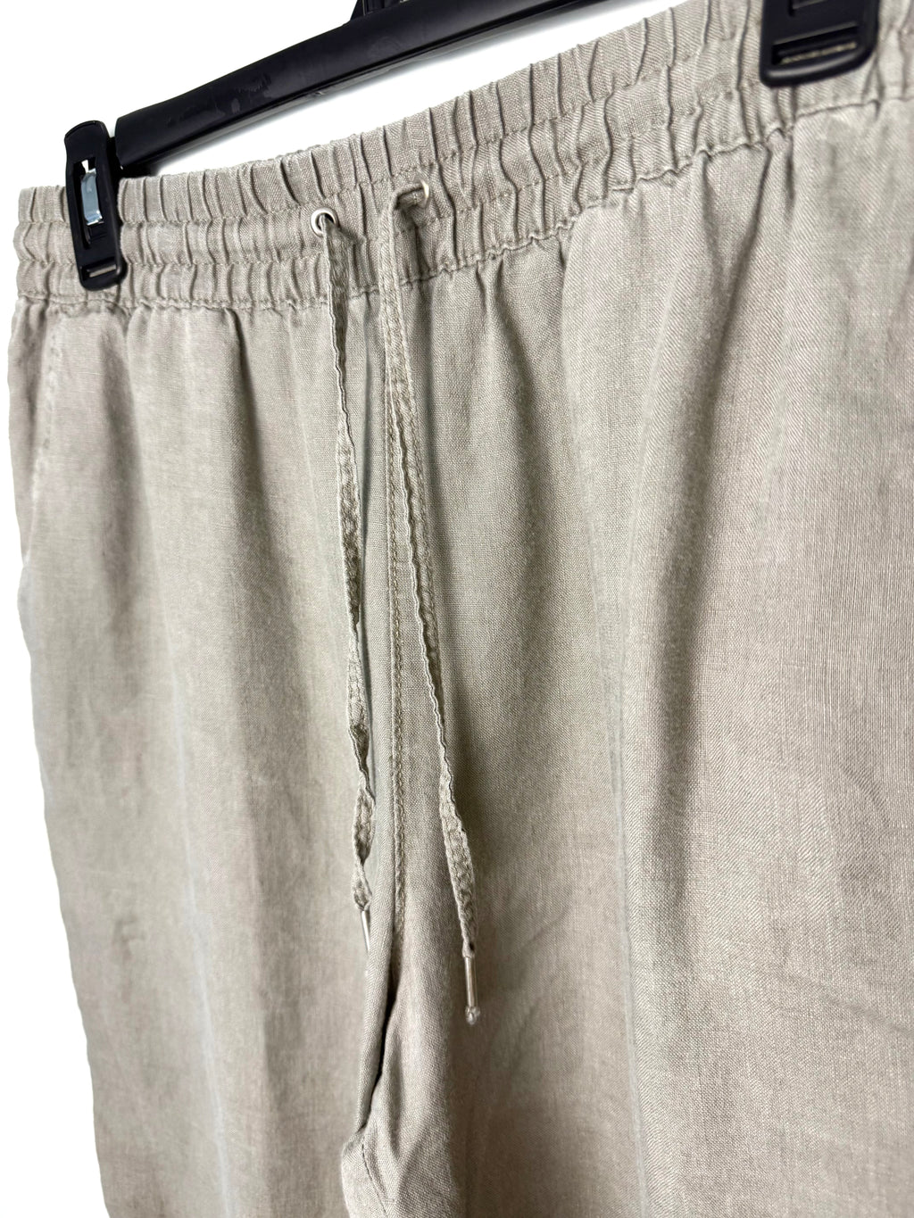 waistband on 00% Linen  Drawstring Pants – Taupe Relaxed Fit Pull-On Trousers – H&M Small at Blue Sparrow Shop