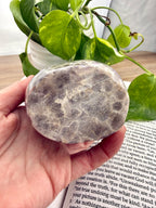Hand holding a textured stone over an open book with green leaves in the background - shows the bottom of the chevron amethyst pillar 