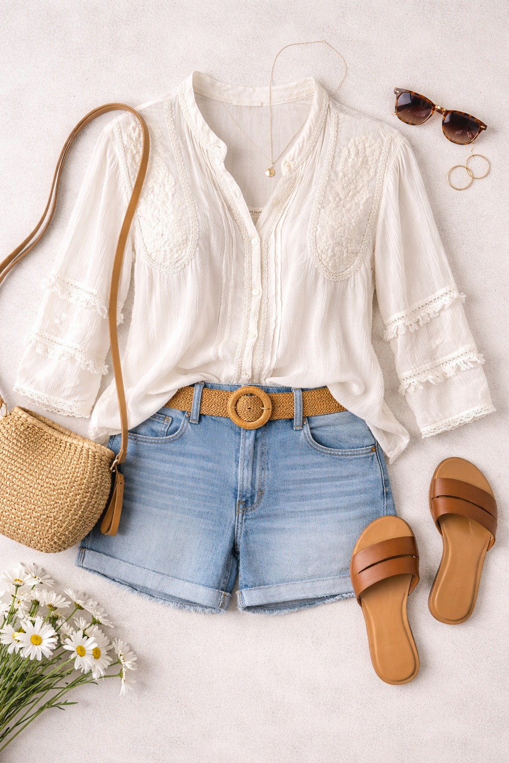H&M Boho Cropped Peasant Blouse | OverSize S at Blue Sparrow Shop - flatlay with shorts, belt, purse, sandals