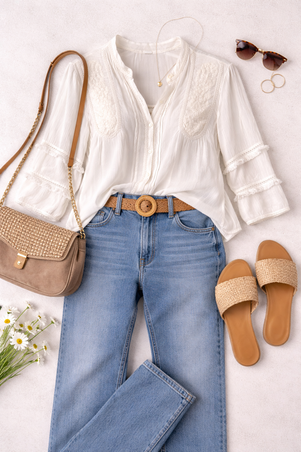 H&M Boho Cropped Peasant Blouse | OverSize S flatlay with jeans, sandals, purse