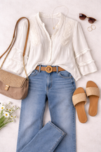 H&M Boho Cropped Peasant Blouse | OverSize S flatlay with jeans, sandals, purse