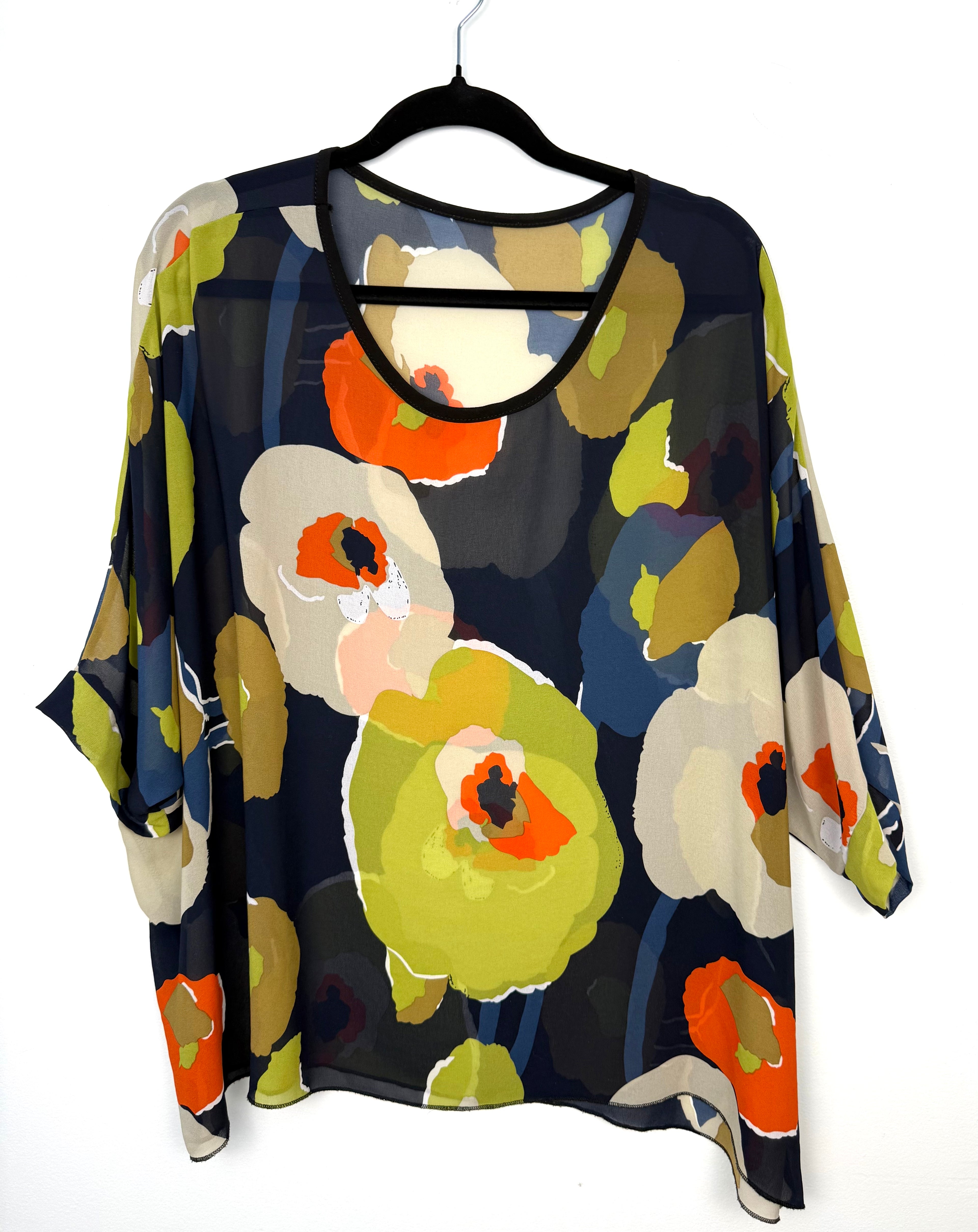 women’s abstract floral sheer blouse oversized navy chiffon top