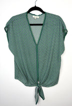women’s green geometric print tie front blouse short sleeve v neck summer top