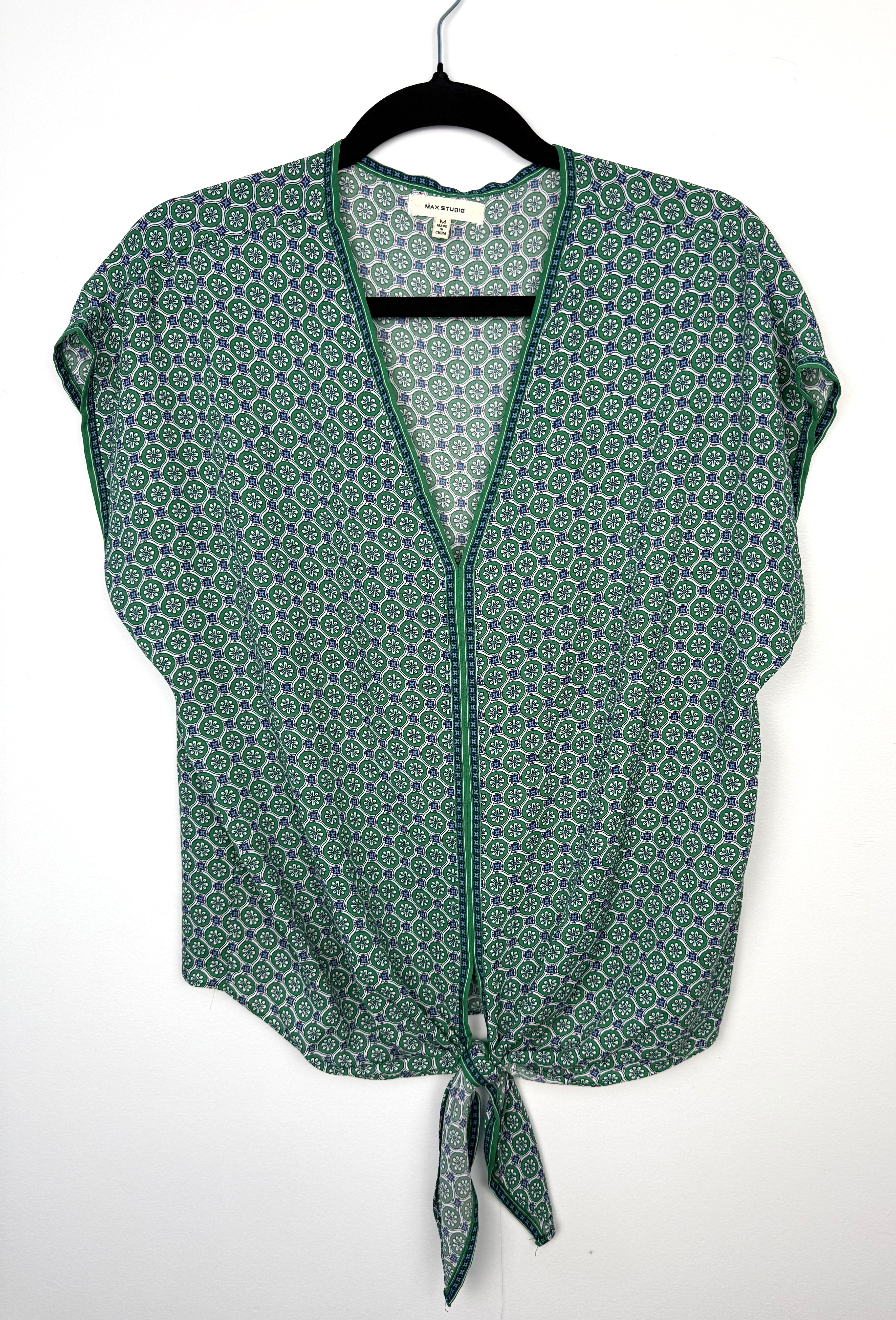 women’s green geometric print tie front blouse short sleeve v neck summer top