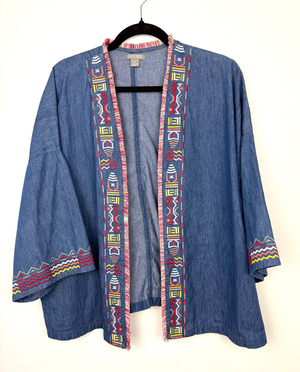 women’s oversized denim kimono cardigan with embroidered trim