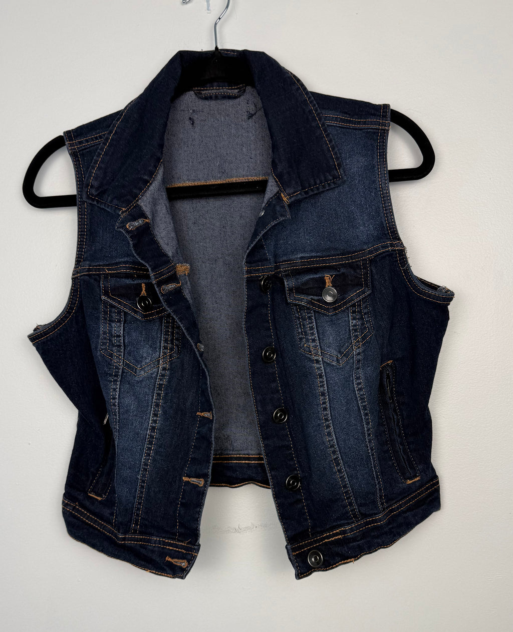 womens denim vest button front jean vest y2k outfit layering piece on hanger