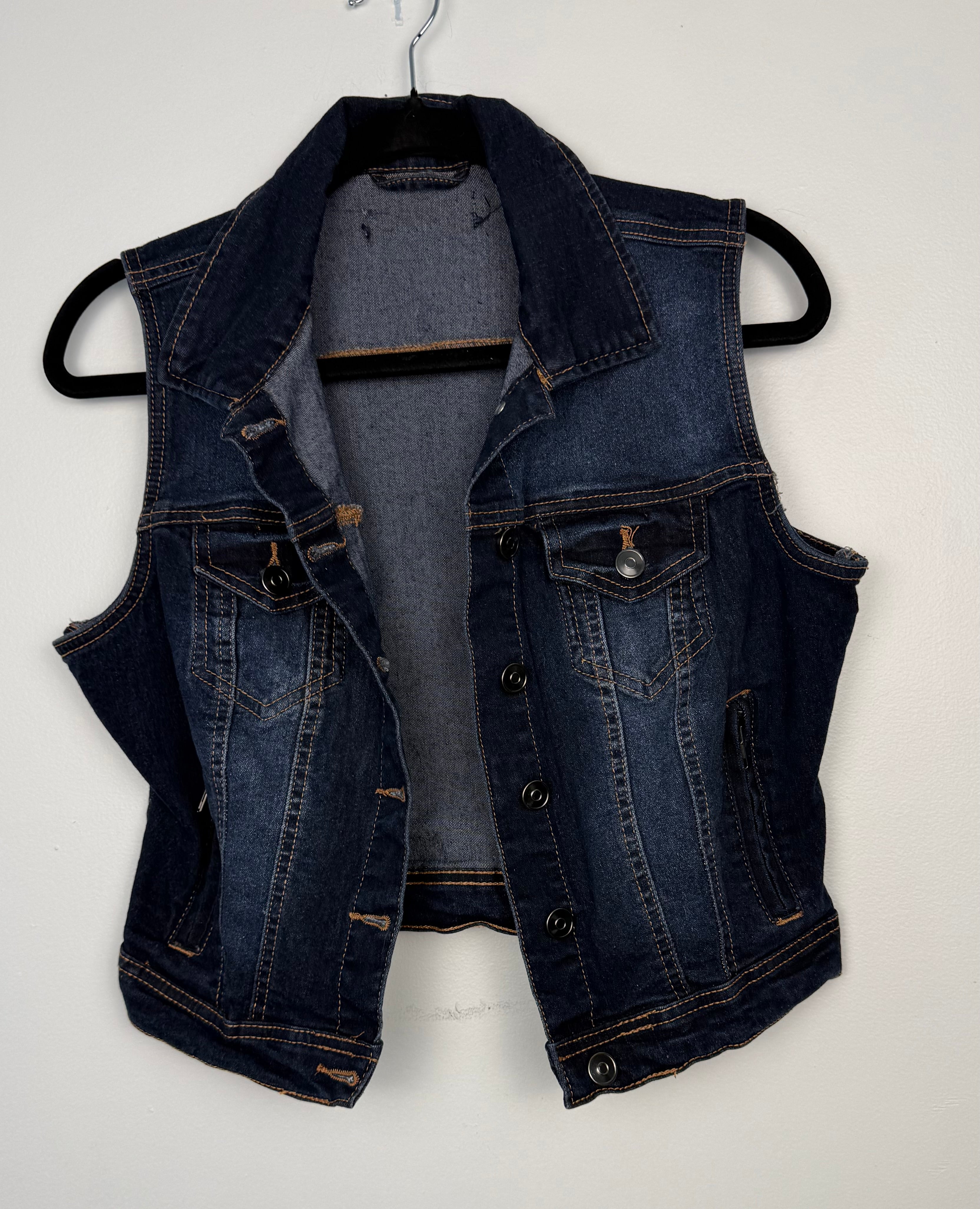 womens denim vest button front jean vest y2k outfit layering piece on hanger