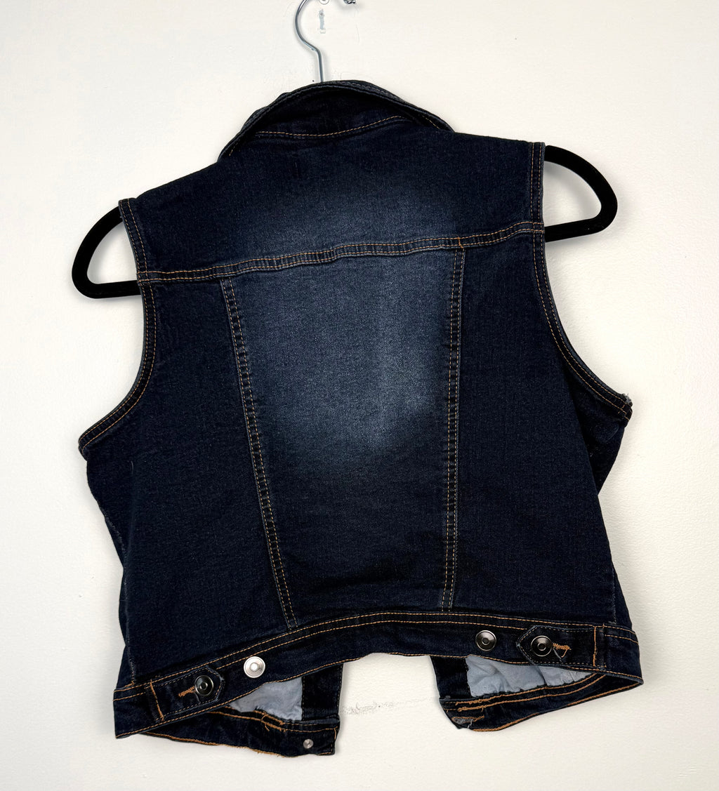 y2K distressed denim vest for women  back view on hanger