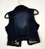 y2K distressed denim vest for women  back view on hanger