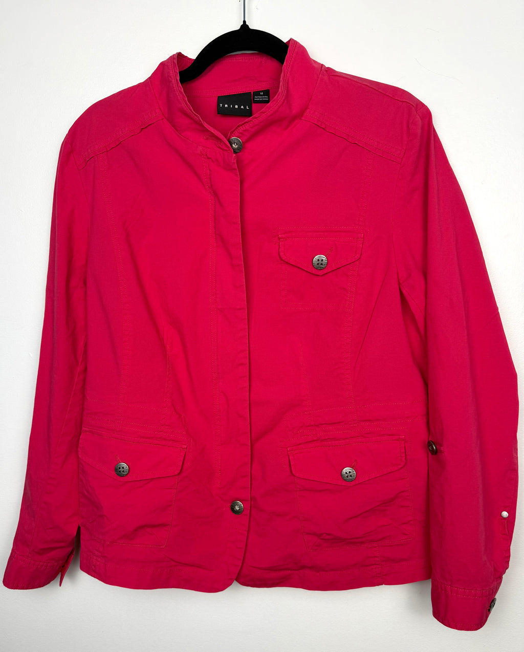 zipped up Tribal brand 98% Cotton Utility Jacket | Size 12 at Blue Sparrow Shop on hanger