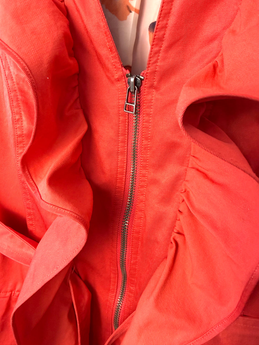 zipper detail with ruffle on THX Merci Collection ruffle trench coat jacket