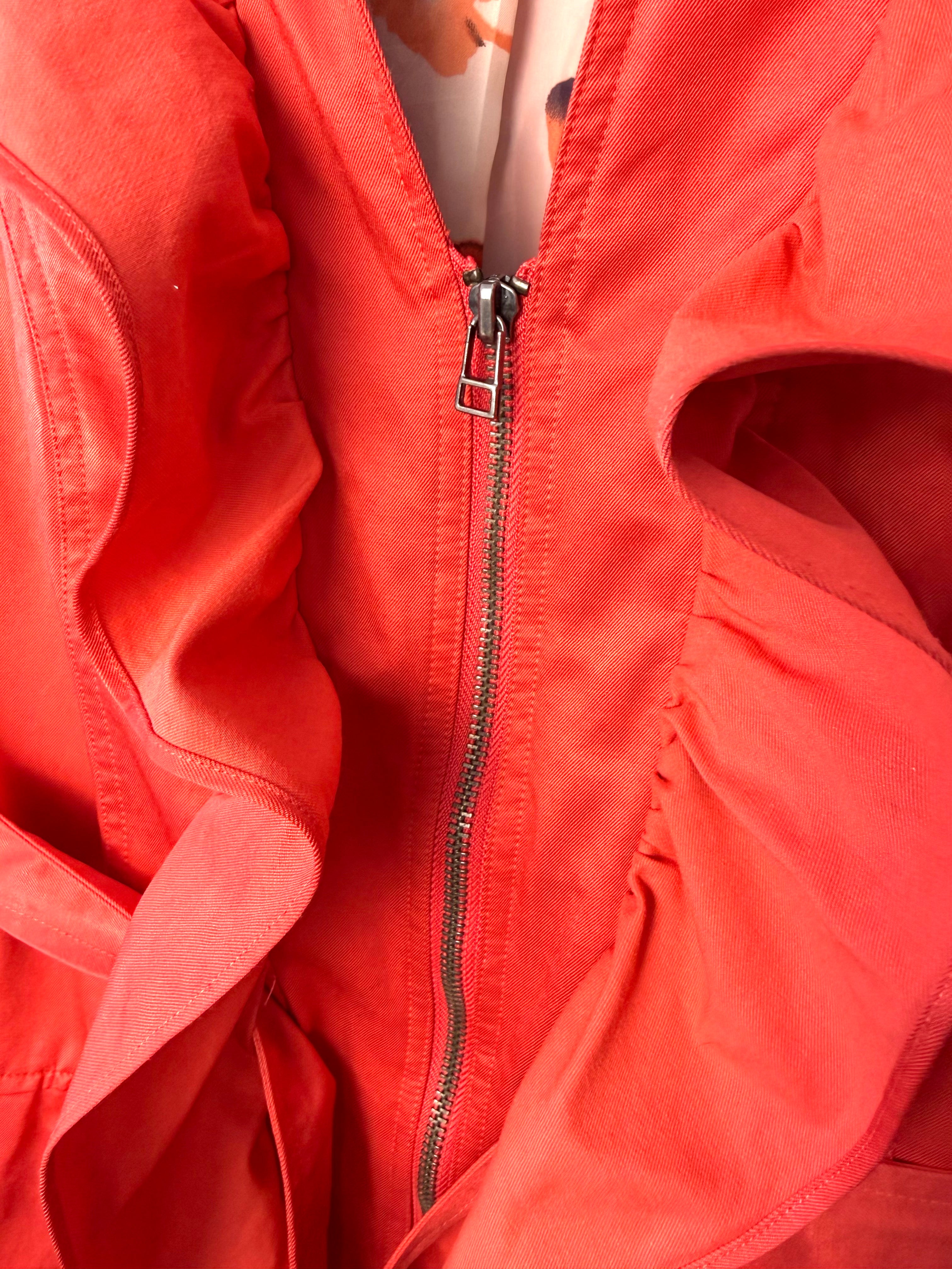 zipper detail with ruffle on THX Merci Collection ruffle trench coat jacket
